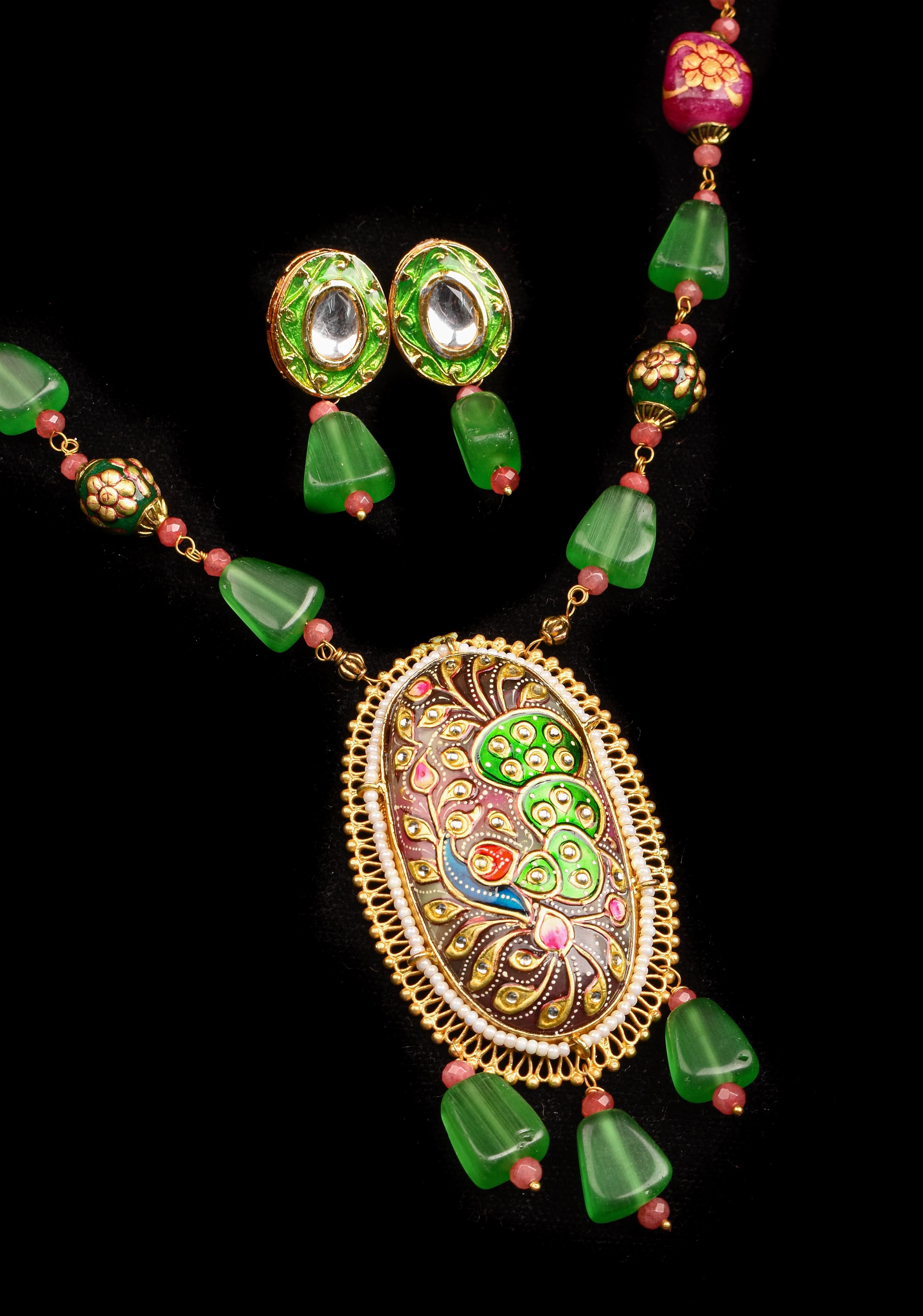 Green beads Necklace Set with Meenakari Hand painted Peacock Design Pendant | Shobitam