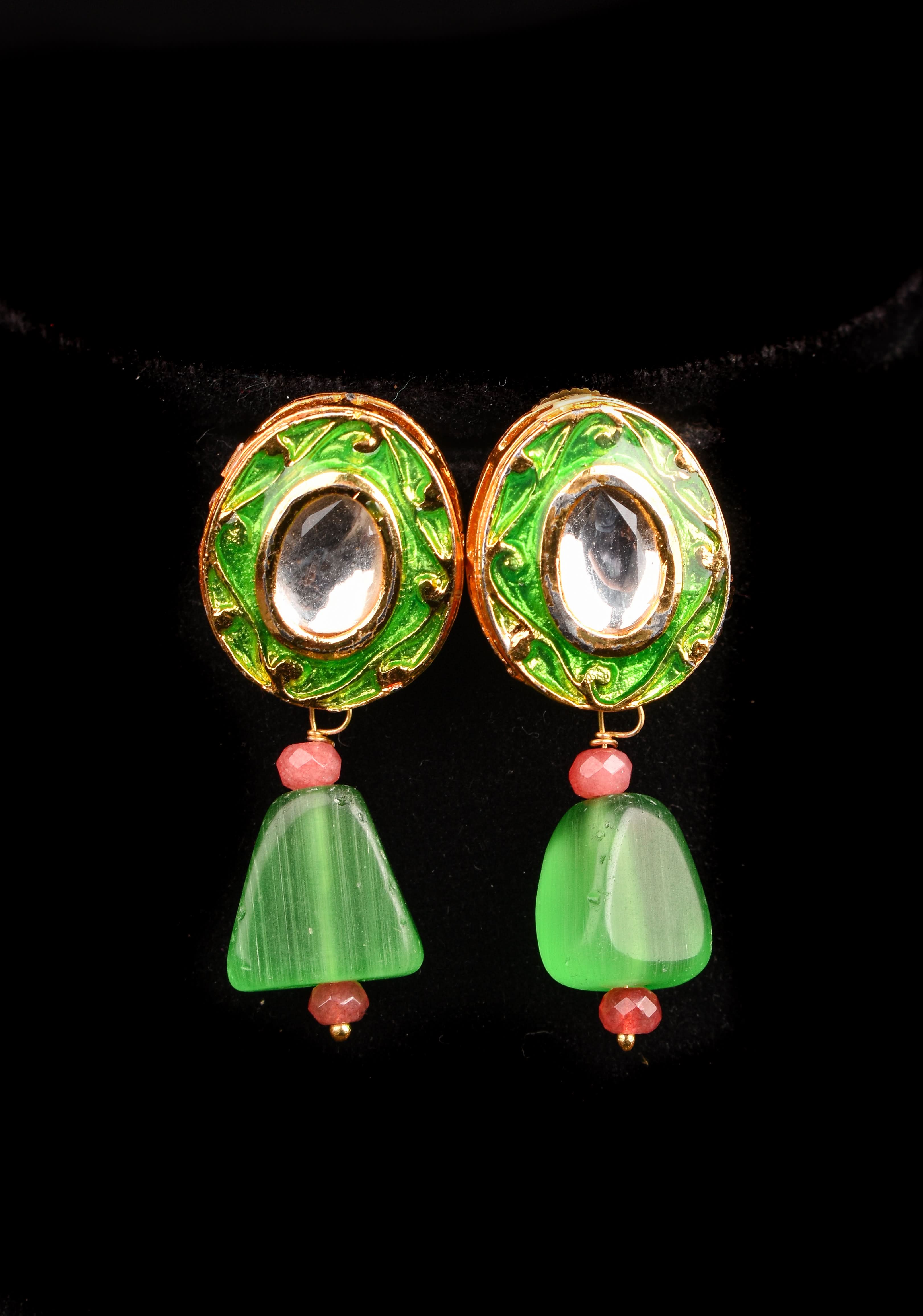 Green beads Necklace Set with Meenakari Hand painted Peacock Design Pendant | Shobitam