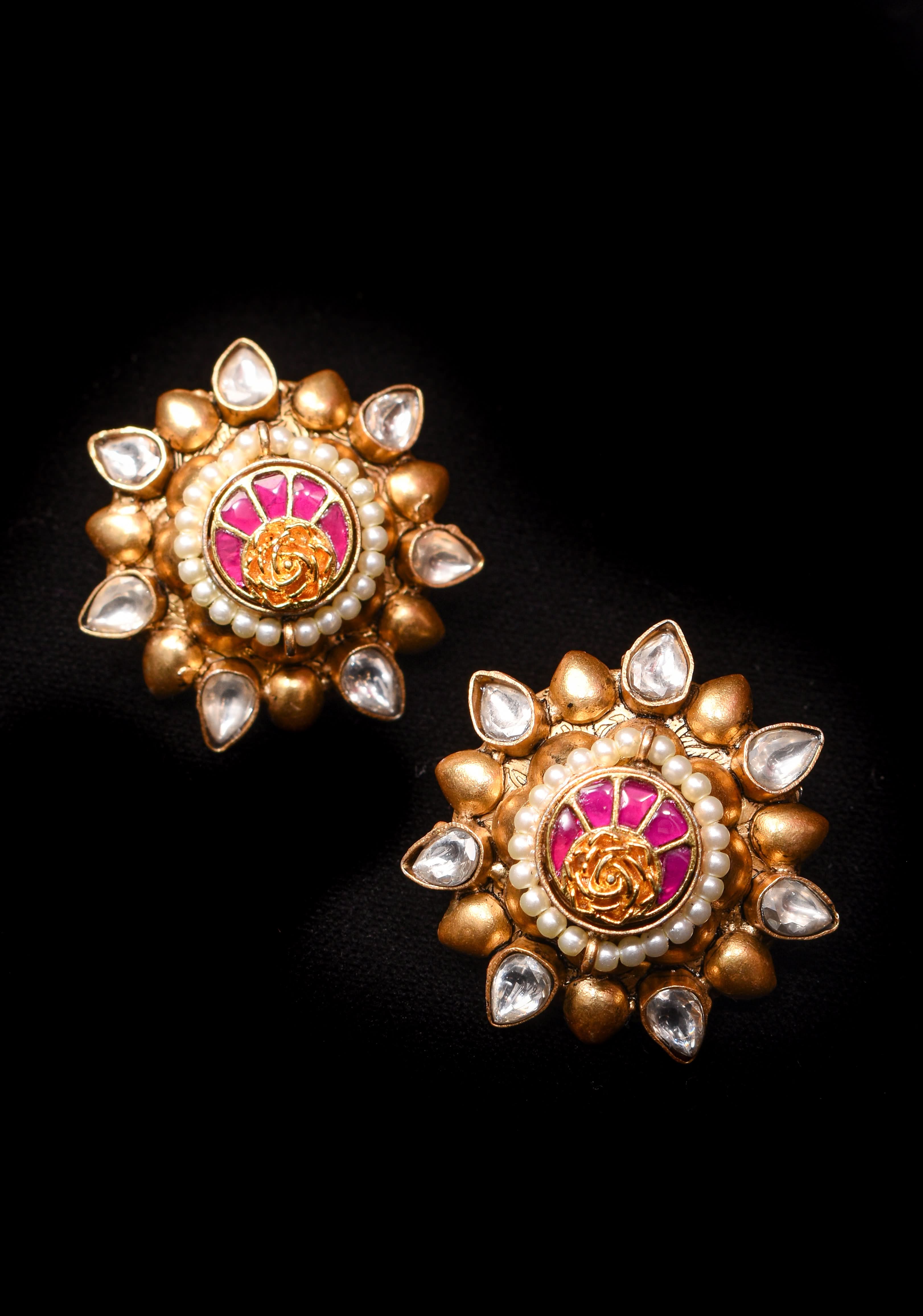 Gold statement studs with Pink Kundan embellishments, lightweight jewelry | Shobitam Jewelry