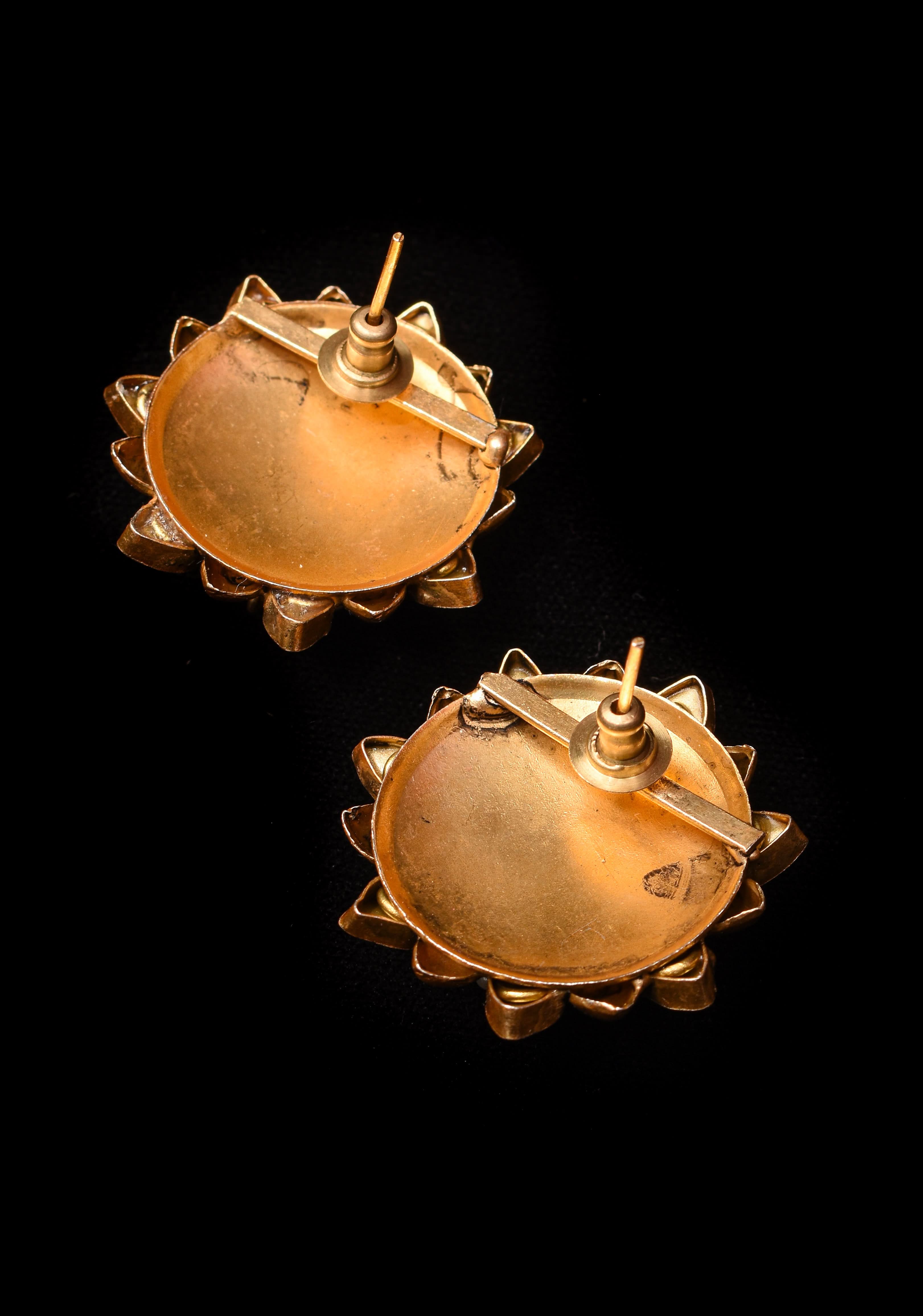 Gold statement studs with Pink Kundan embellishments, lightweight jewelry | Shobitam Jewelry
