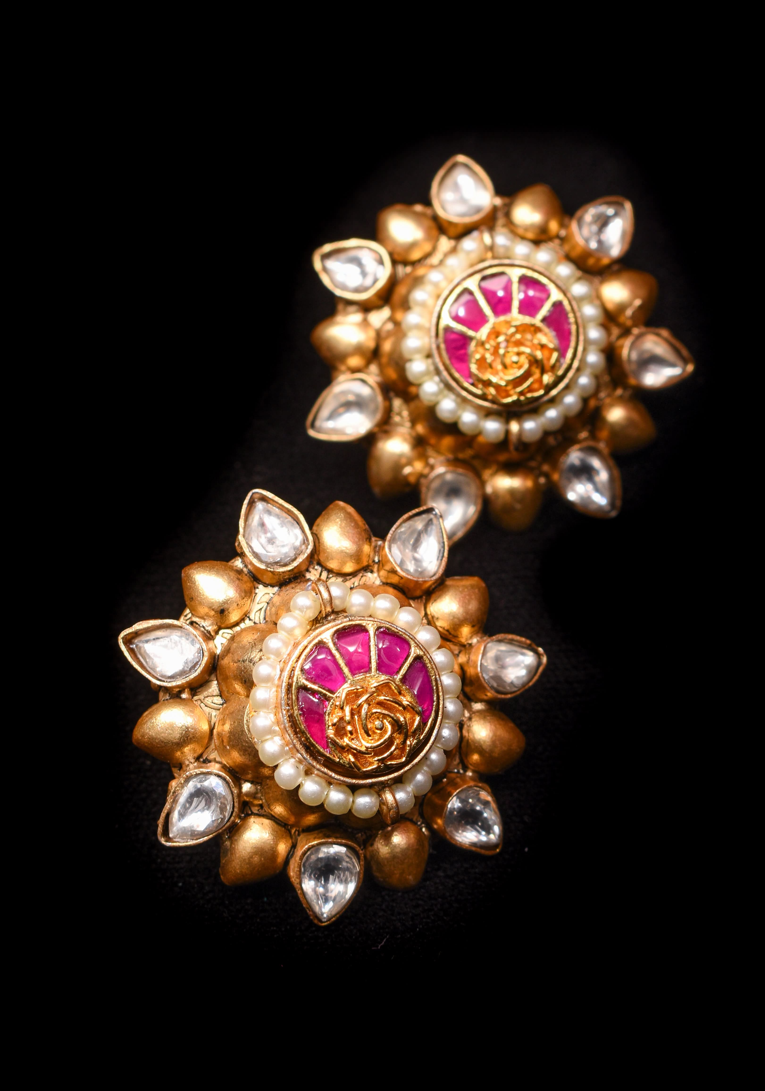 Gold statement studs with Pink Kundan embellishments, lightweight jewelry | Shobitam Jewelry