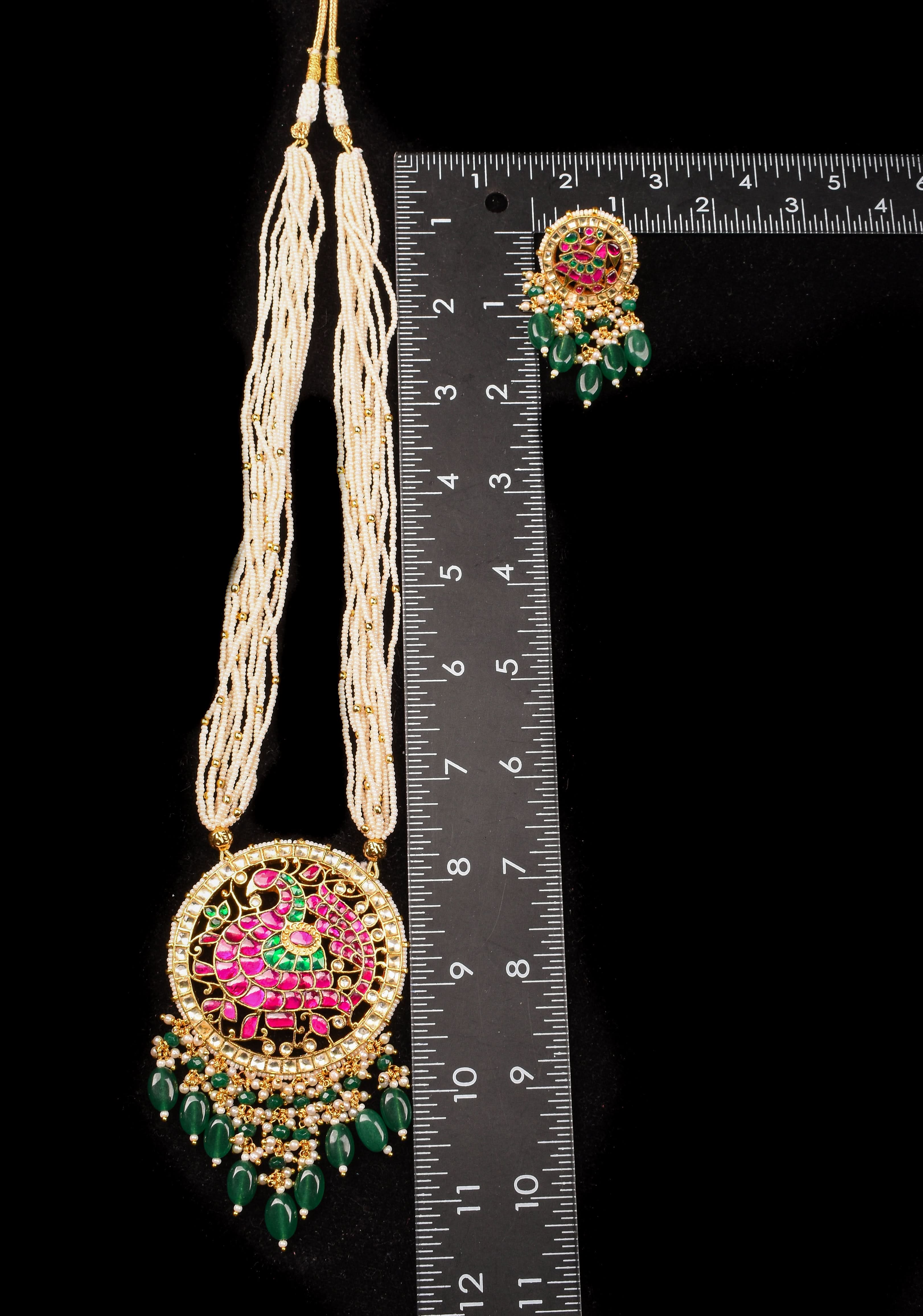 Ahmedabadi Kundan Necklace Set with white Multistrand beads and peacock pendant | Shobitam Jewelry