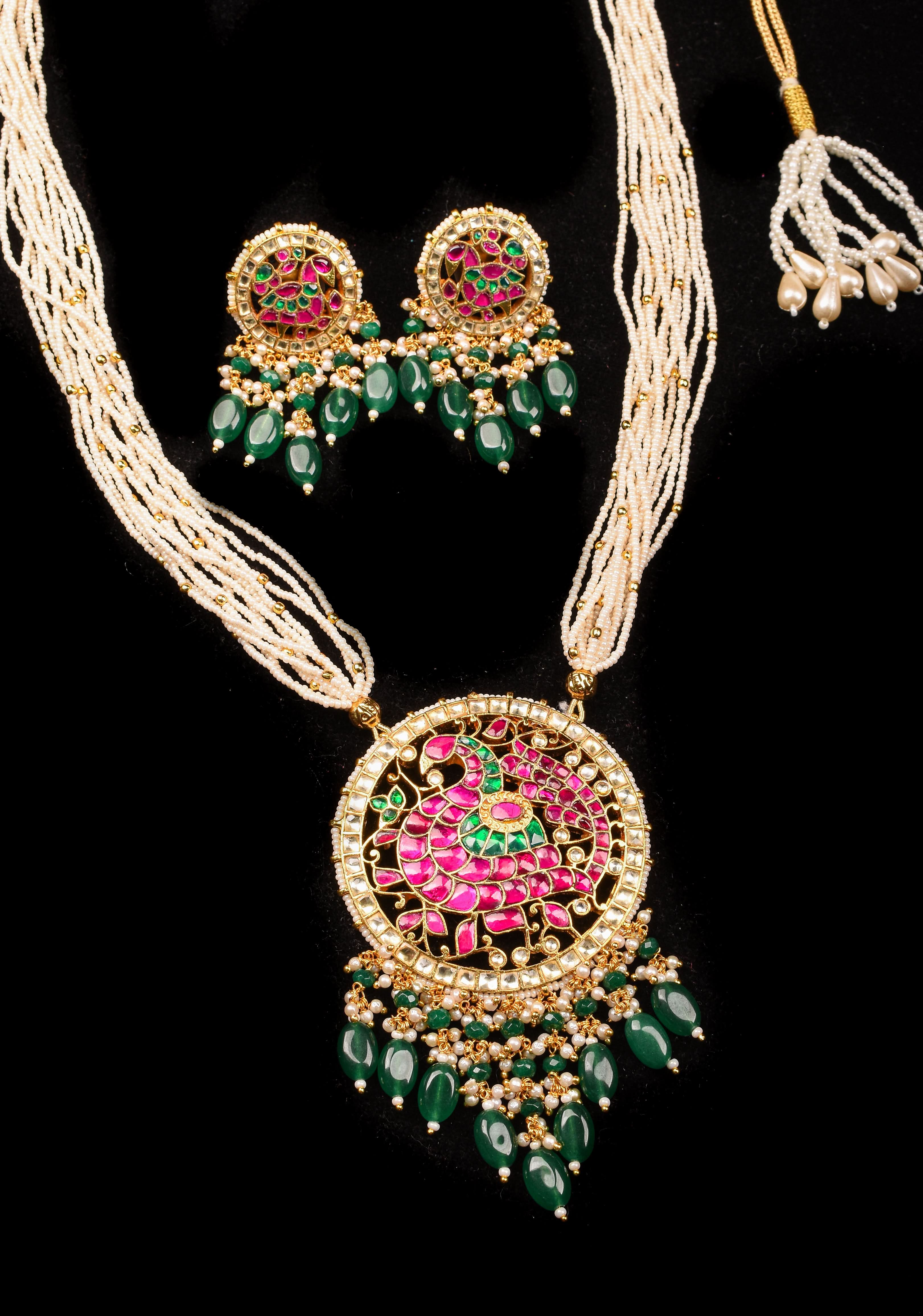 Ahmedabadi Kundan Necklace Set with white Multistrand beads and peacock pendant | Shobitam Jewelry