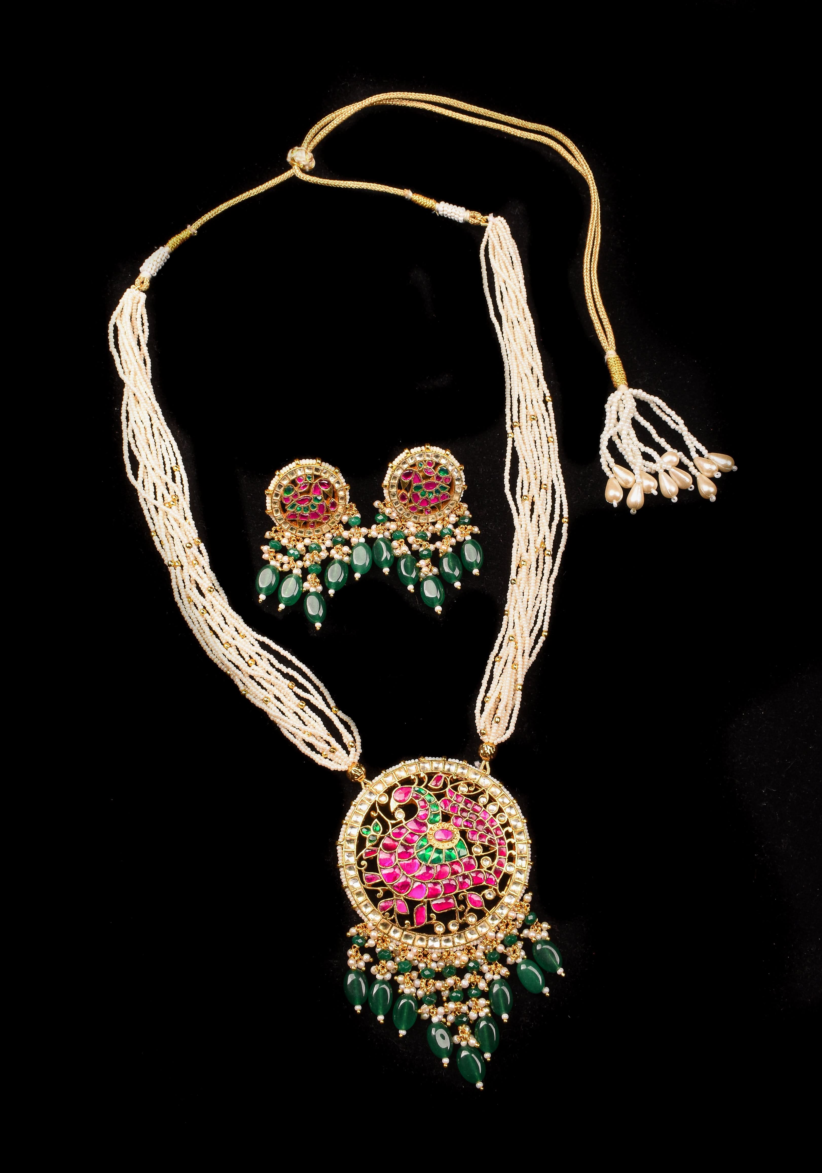 Ahmedabadi Kundan Necklace Set with white Multistrand beads and peacock pendant | Shobitam Jewelry
