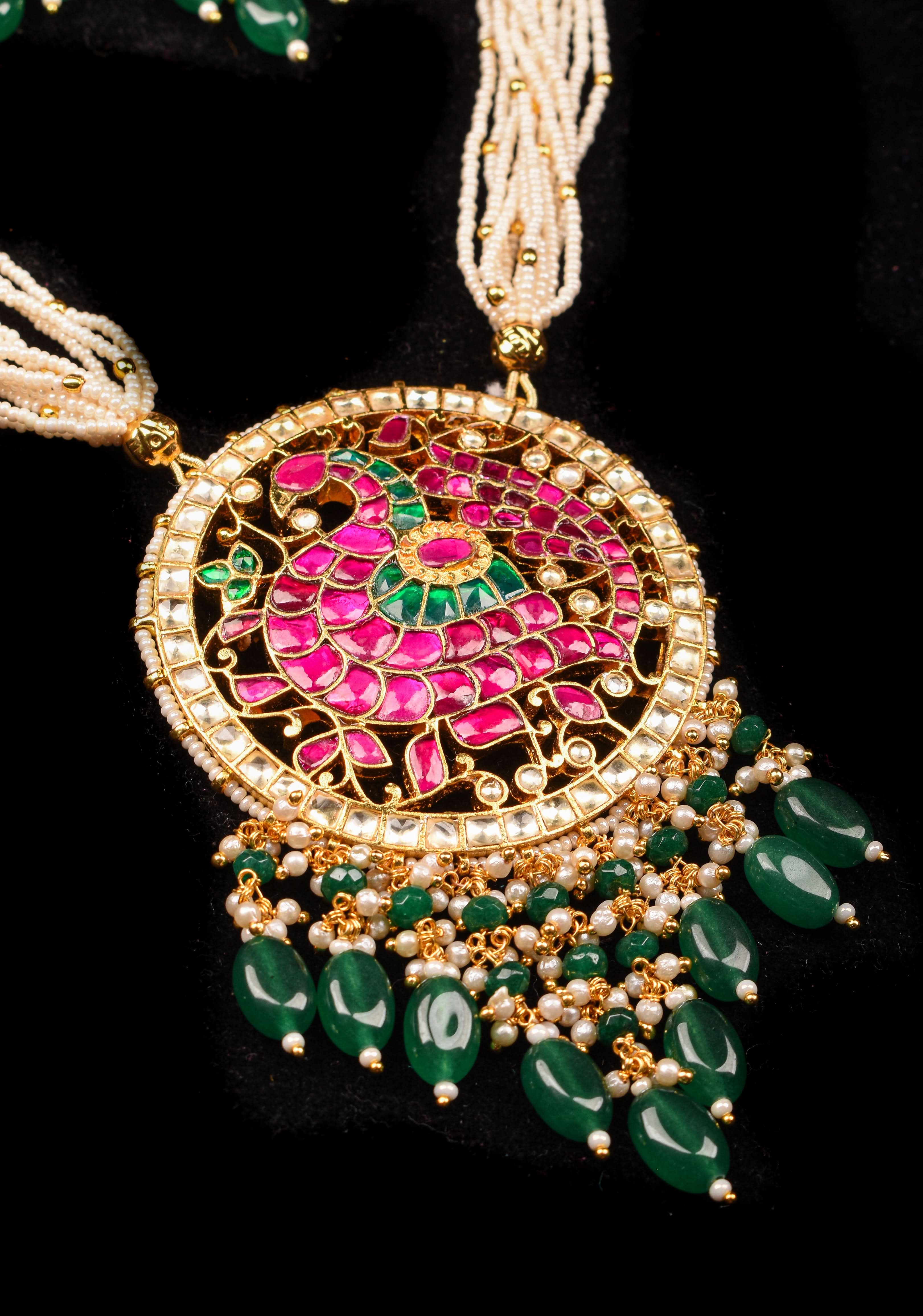 Ahmedabadi Kundan Necklace Set with white Multistrand beads and peacock pendant | Shobitam Jewelry