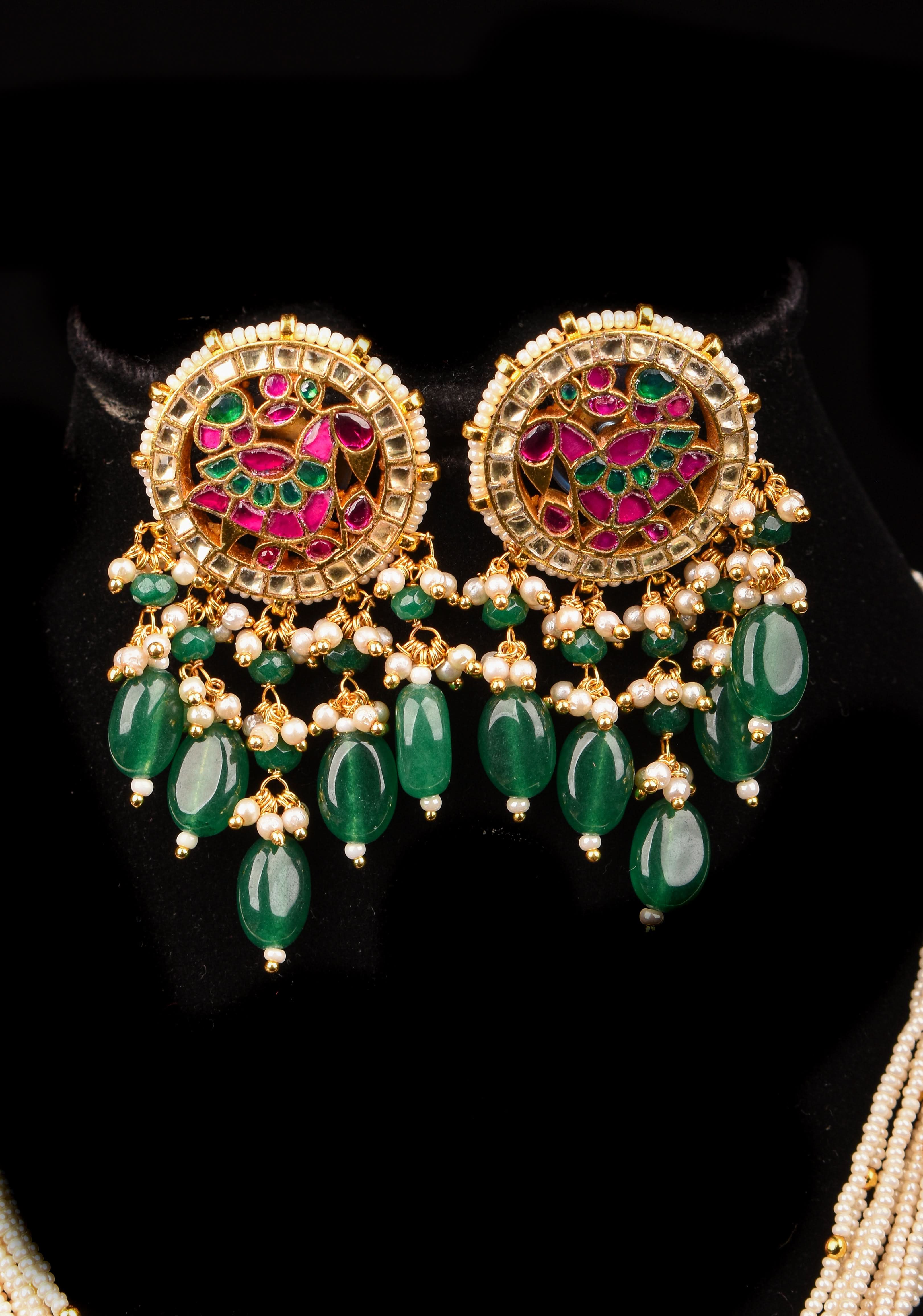 Ahmedabadi Kundan Necklace Set with white Multistrand beads and peacock pendant | Shobitam Jewelry