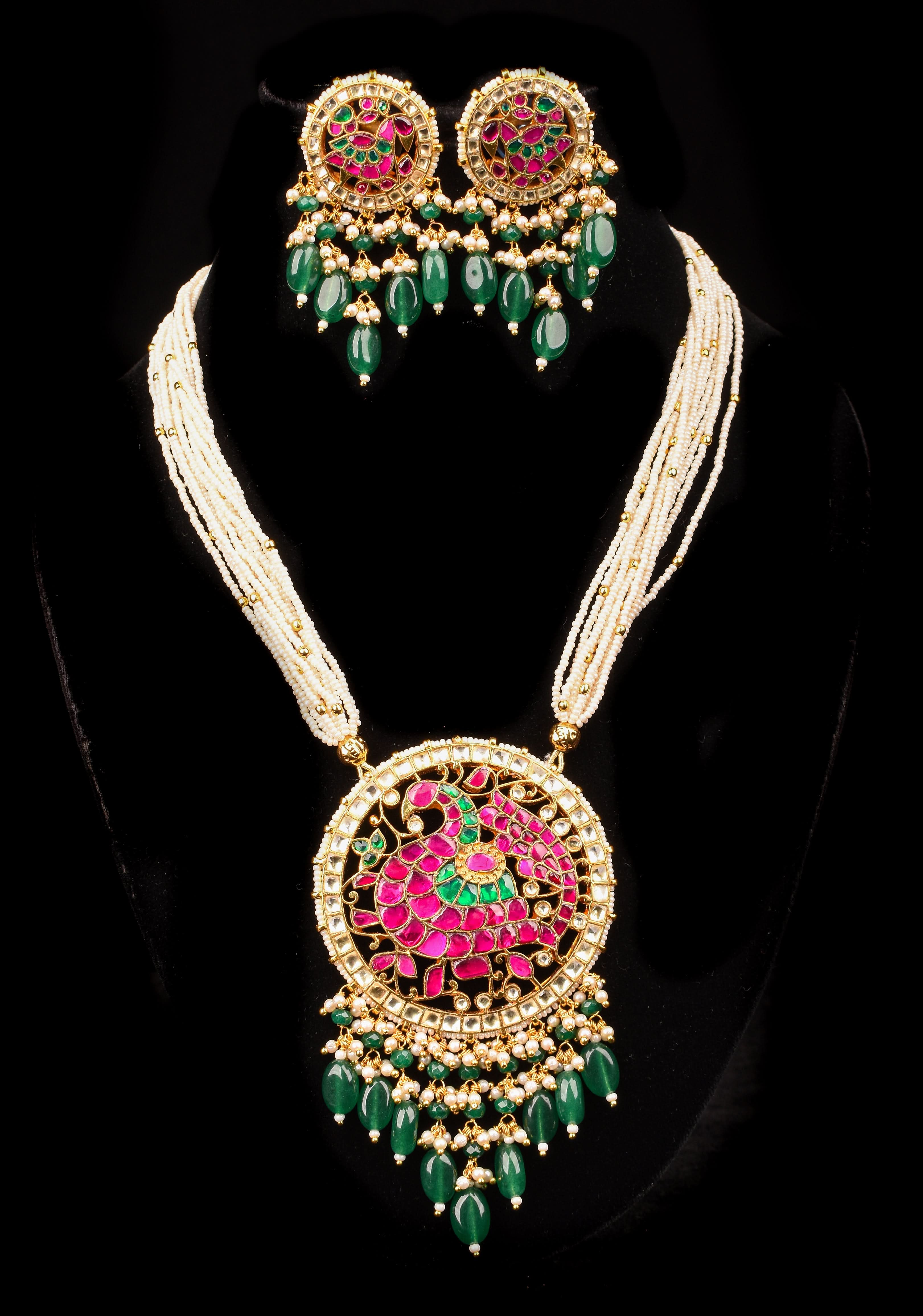 Ahmedabadi Kundan Necklace Set with white Multistrand beads and peacock pendant | Shobitam Jewelry