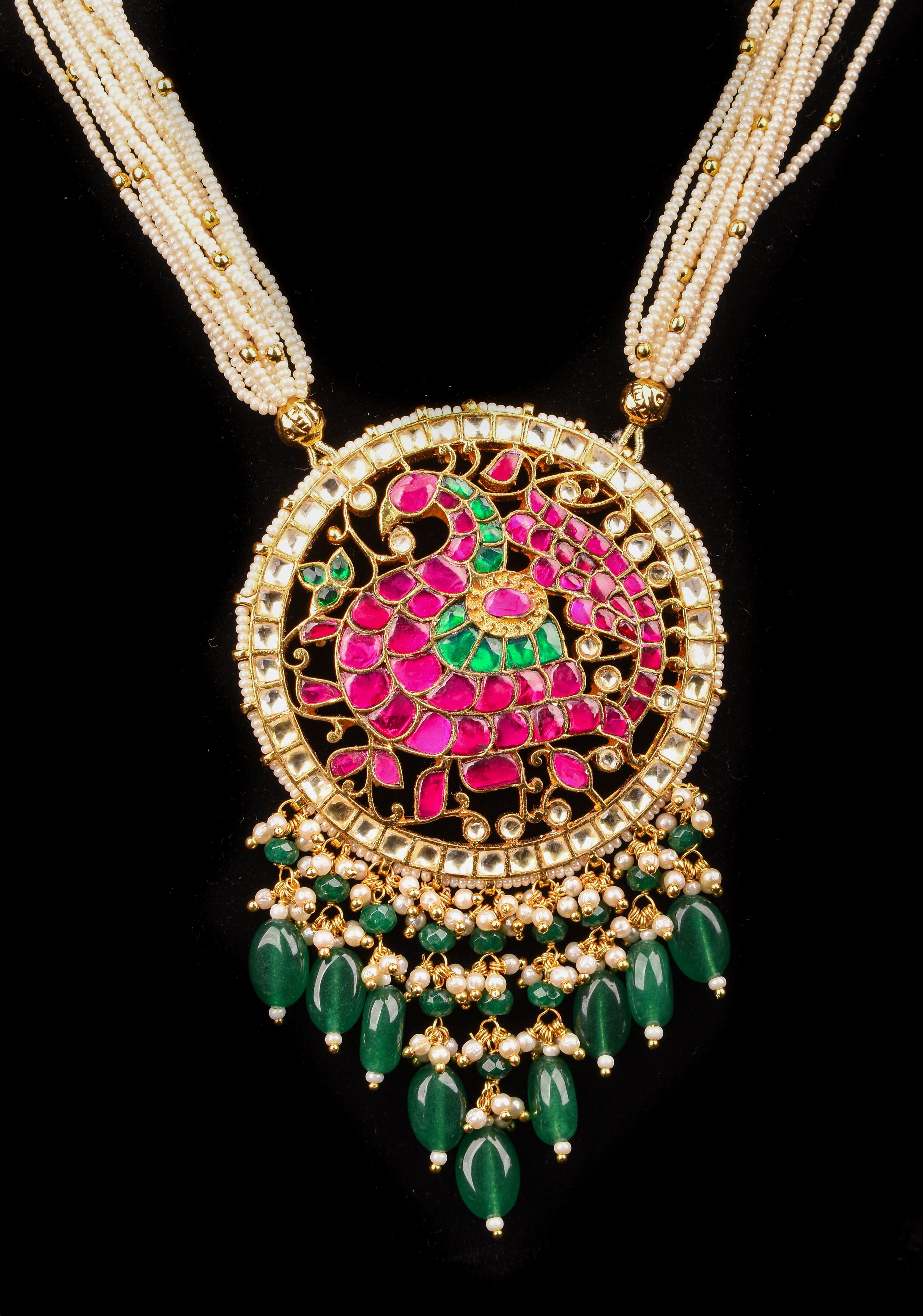 Ahmedabadi Kundan Necklace Set with white Multistrand beads and peacock pendant | Shobitam Jewelry
