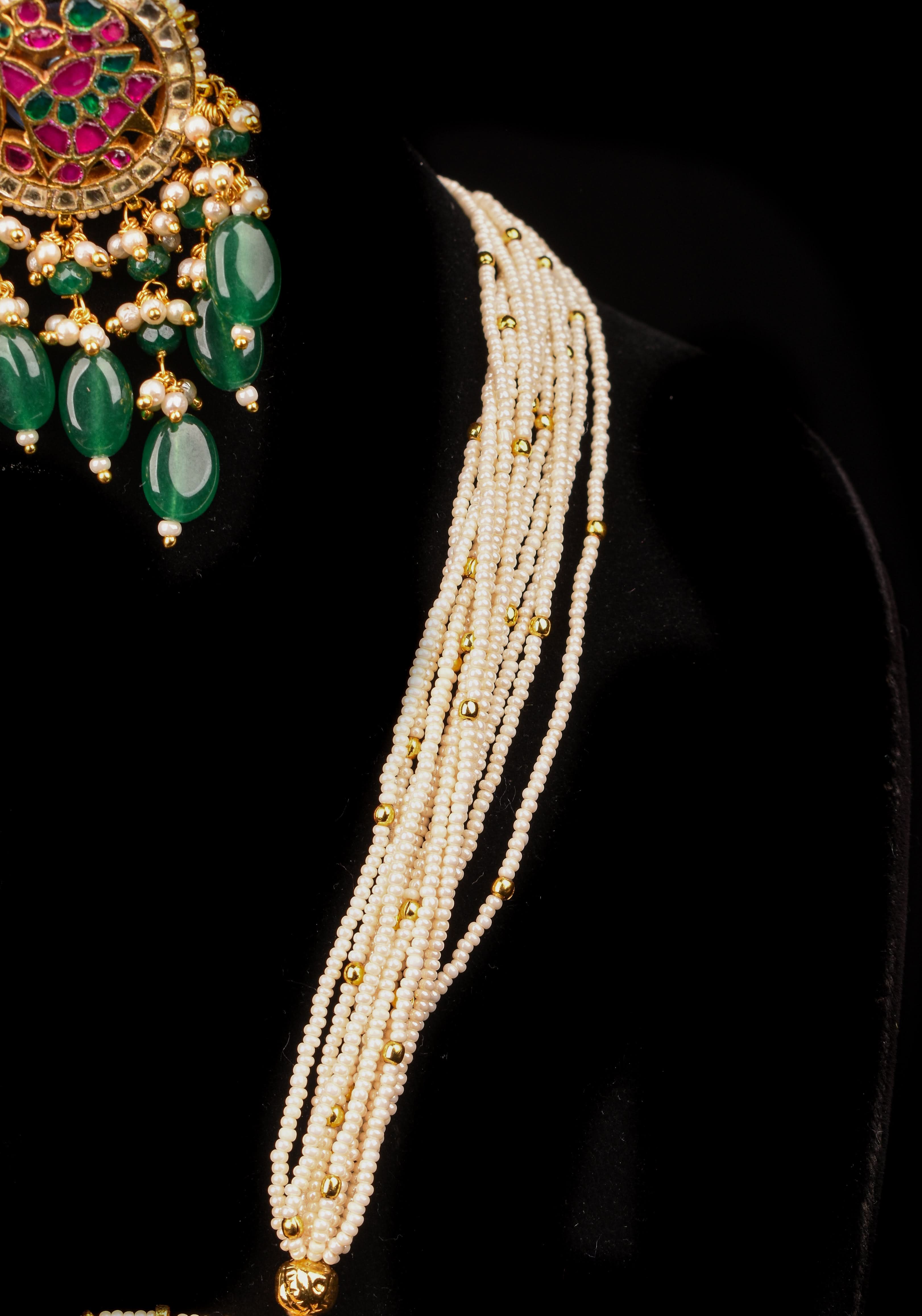 Ahmedabadi Kundan Necklace Set with white Multistrand beads and peacock pendant | Shobitam Jewelry