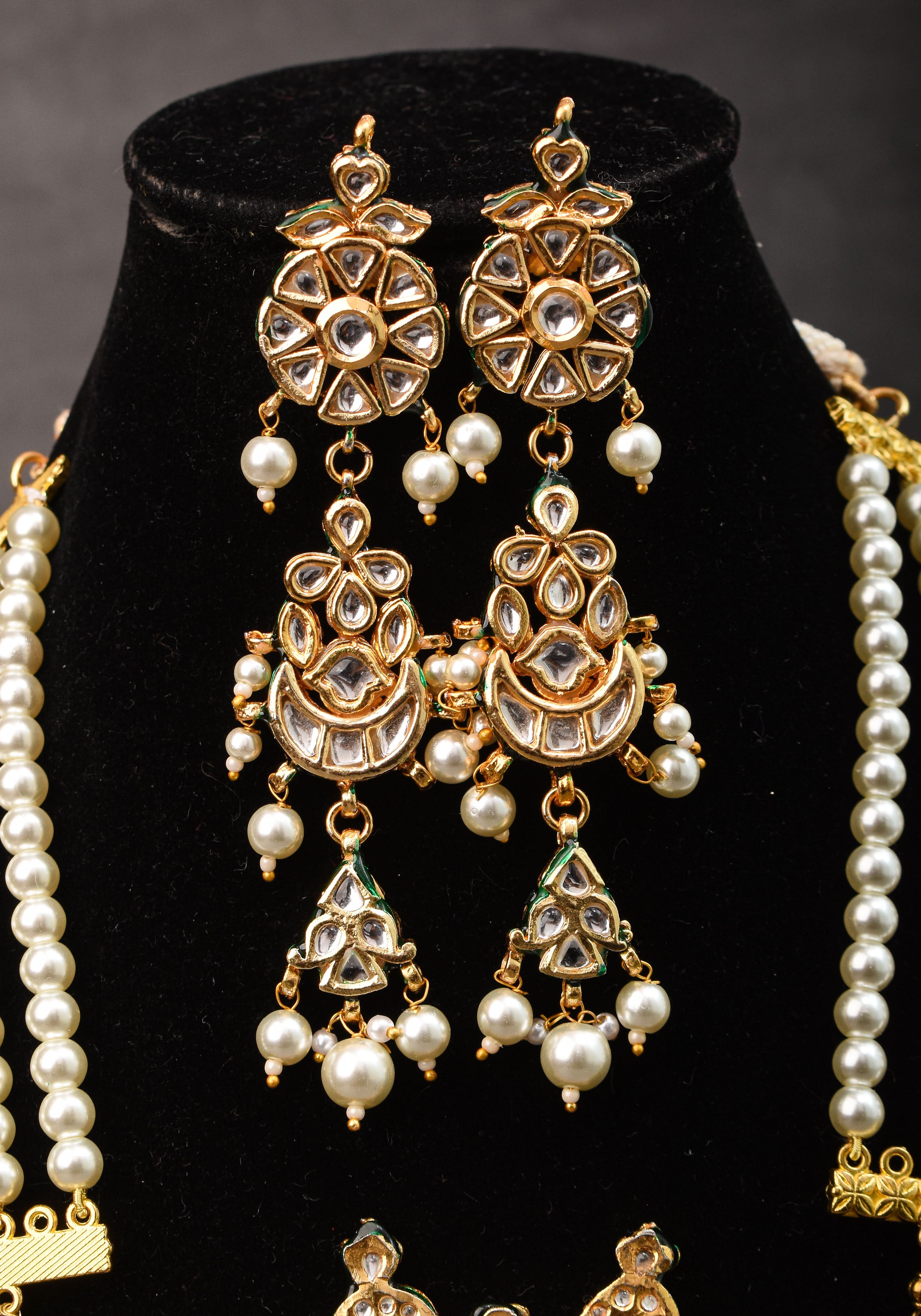 Statement Twin Peacock White Kundan Necklace Set with three rows of beads and 4.2" Long Earrings | SHOBITAM