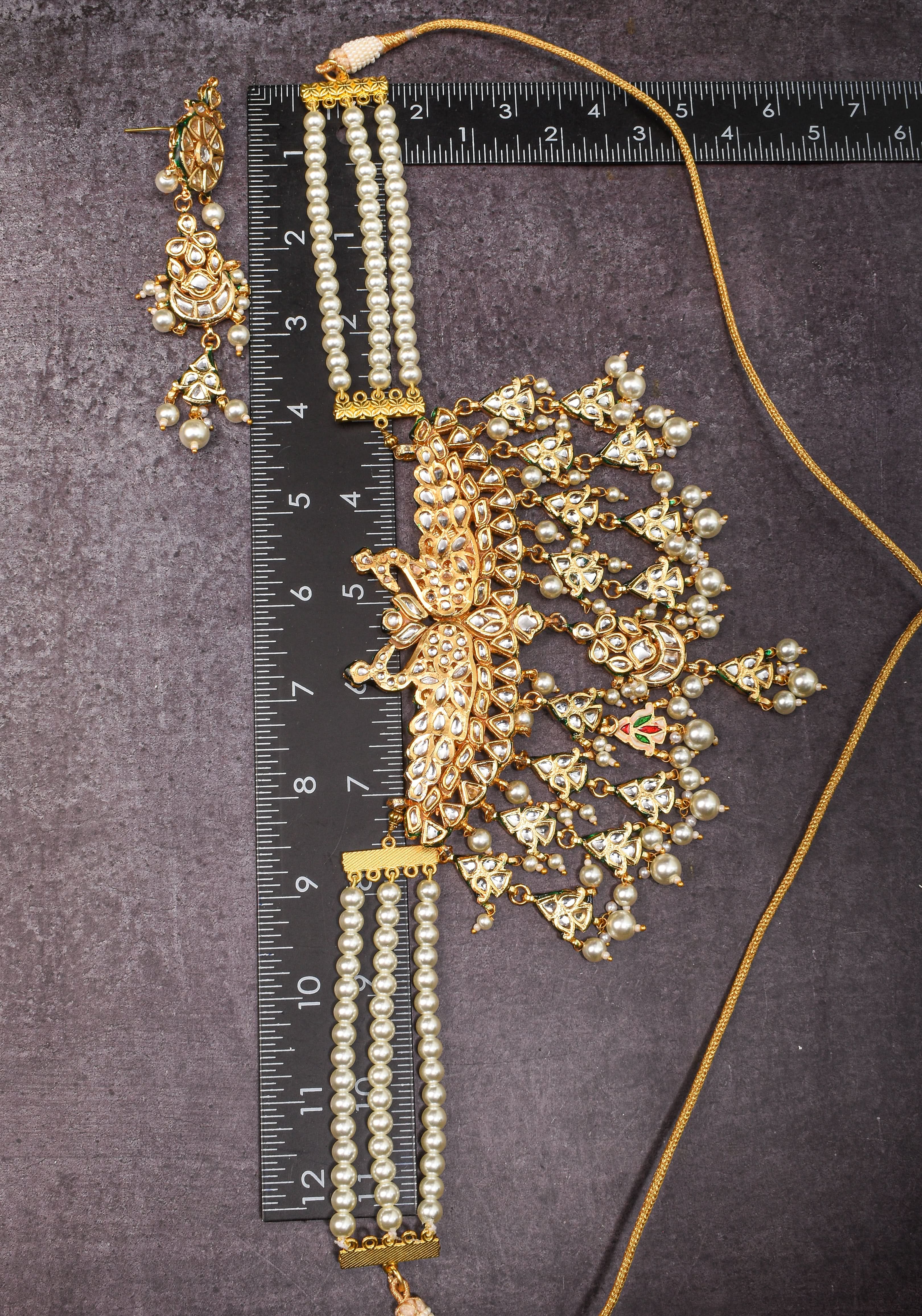 Statement Twin Peacock White Kundan Necklace Set with three rows of beads and 4.2" Long Earrings | SHOBITAM