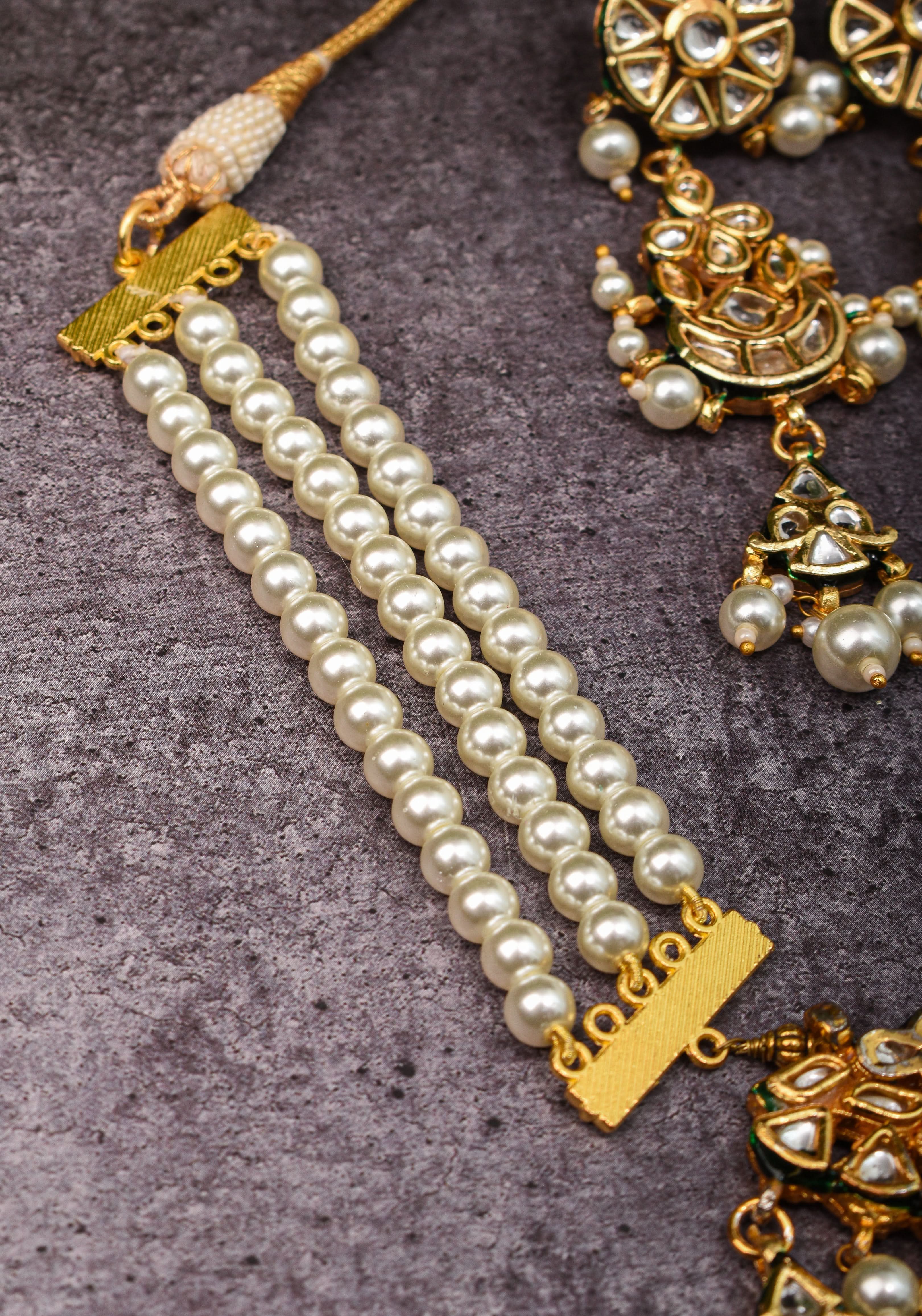 Statement Twin Peacock White Kundan Necklace Set with three rows of beads and 4.2" Long Earrings | SHOBITAM