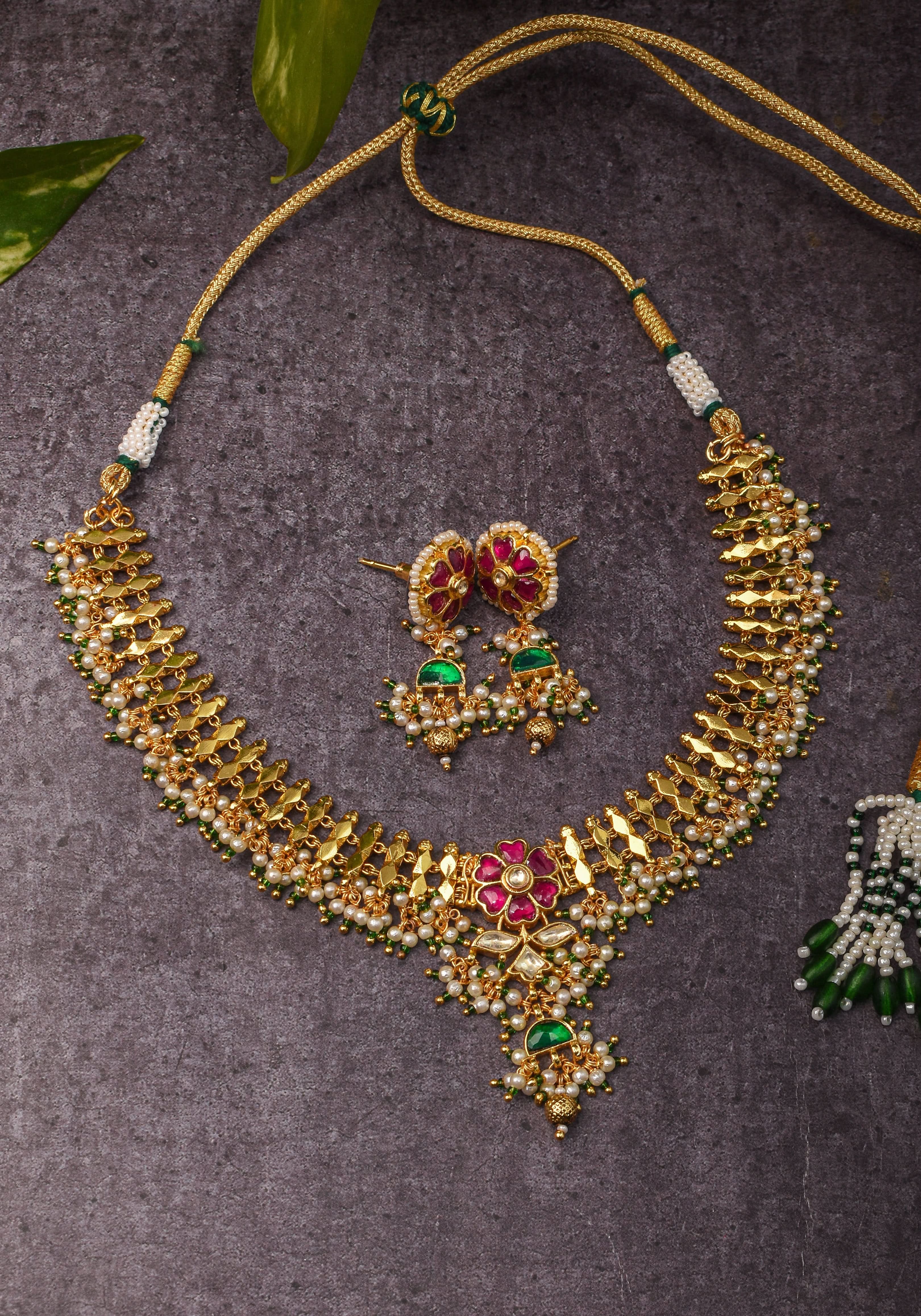 Microplated Gold Tone Flexible Design Choker Set with Floral Jadau center and dangling beads | Shobitam Jewelry