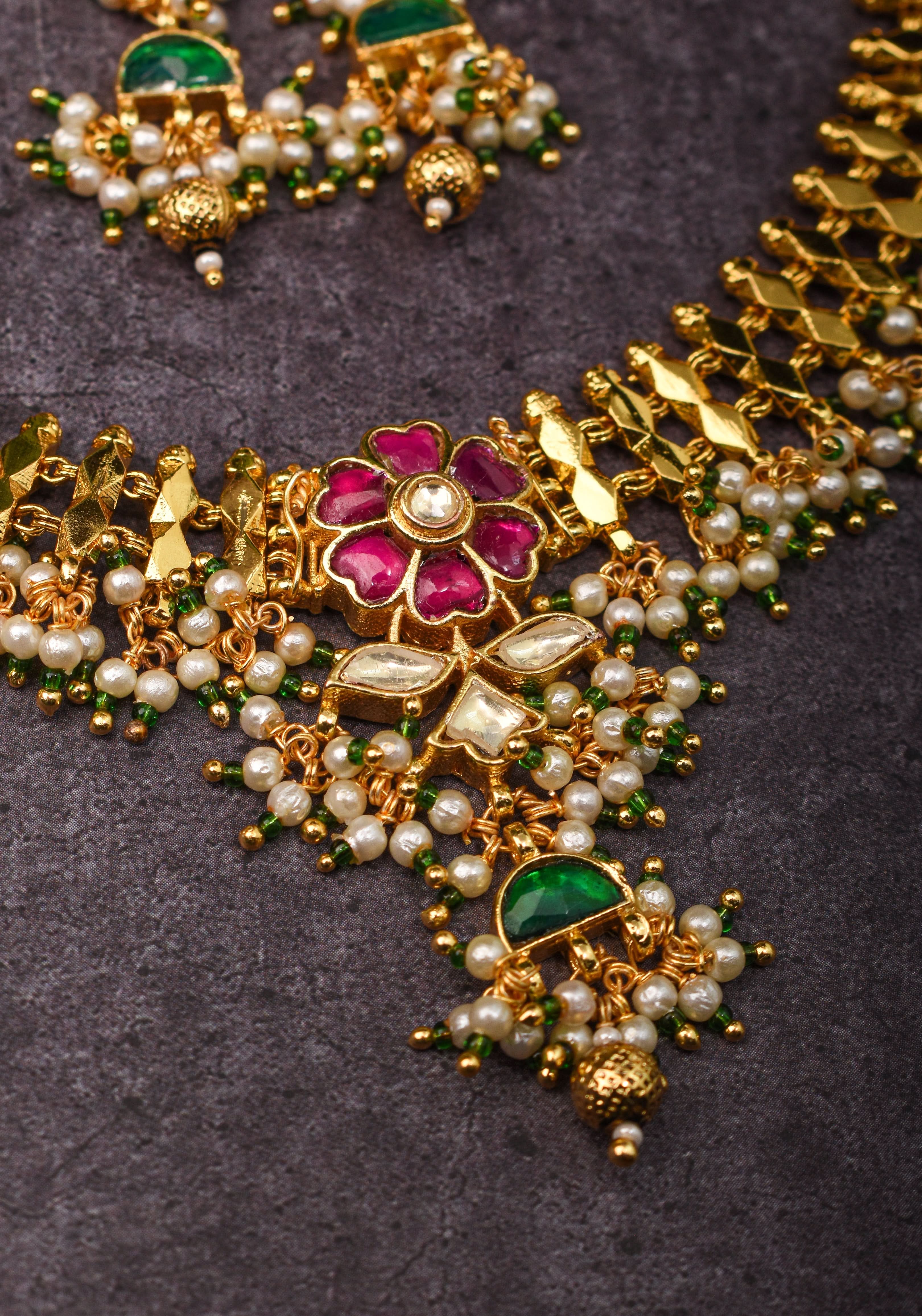 Microplated Gold Tone Flexible Design Choker Set with Floral Jadau center and dangling beads | Shobitam Jewelry