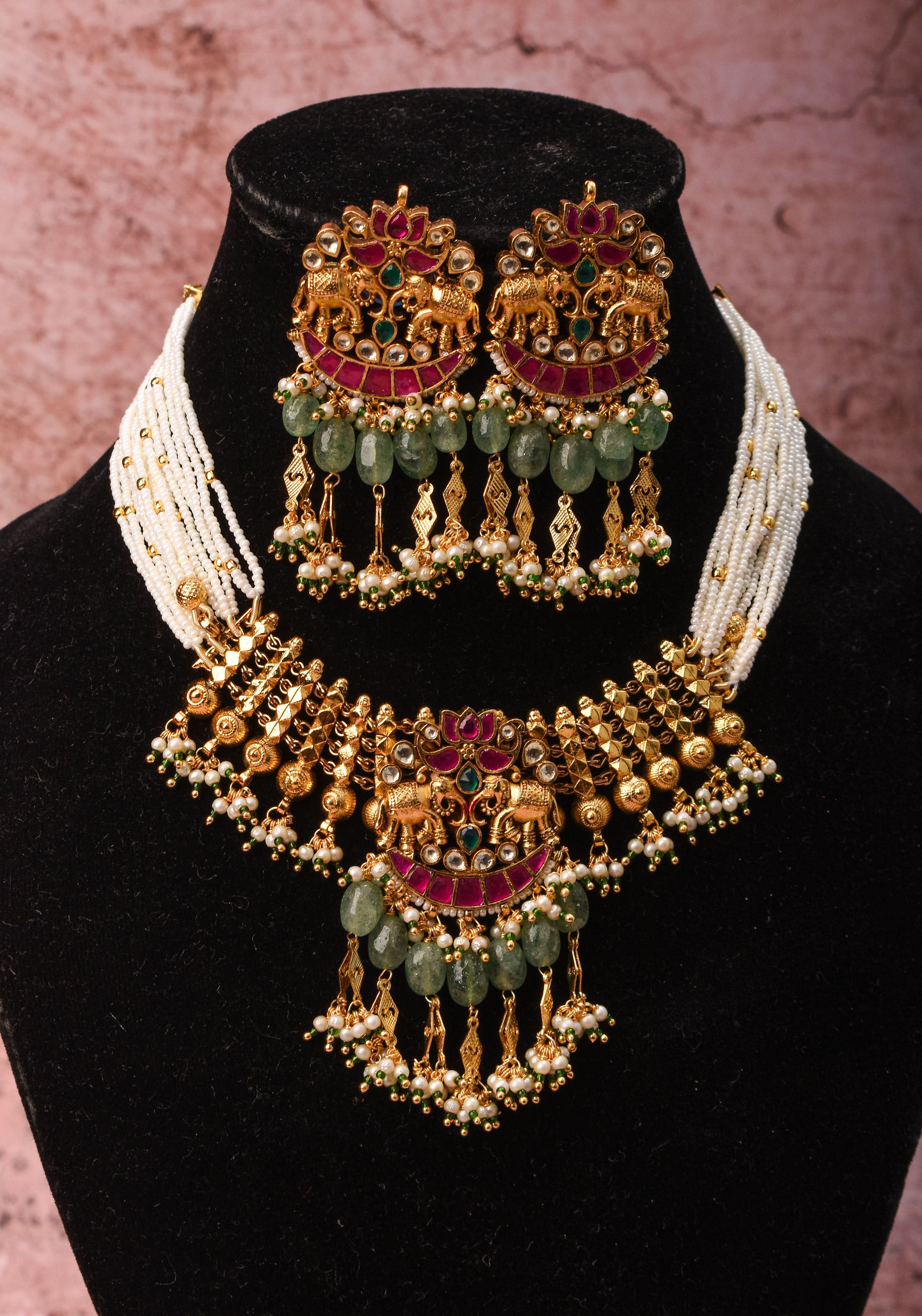 Antique Gold Tone White beads Multistrand Gold Tone Flexible Twin elephant design Simple Necklace Set with sage green dangling beads | SHOBITAM