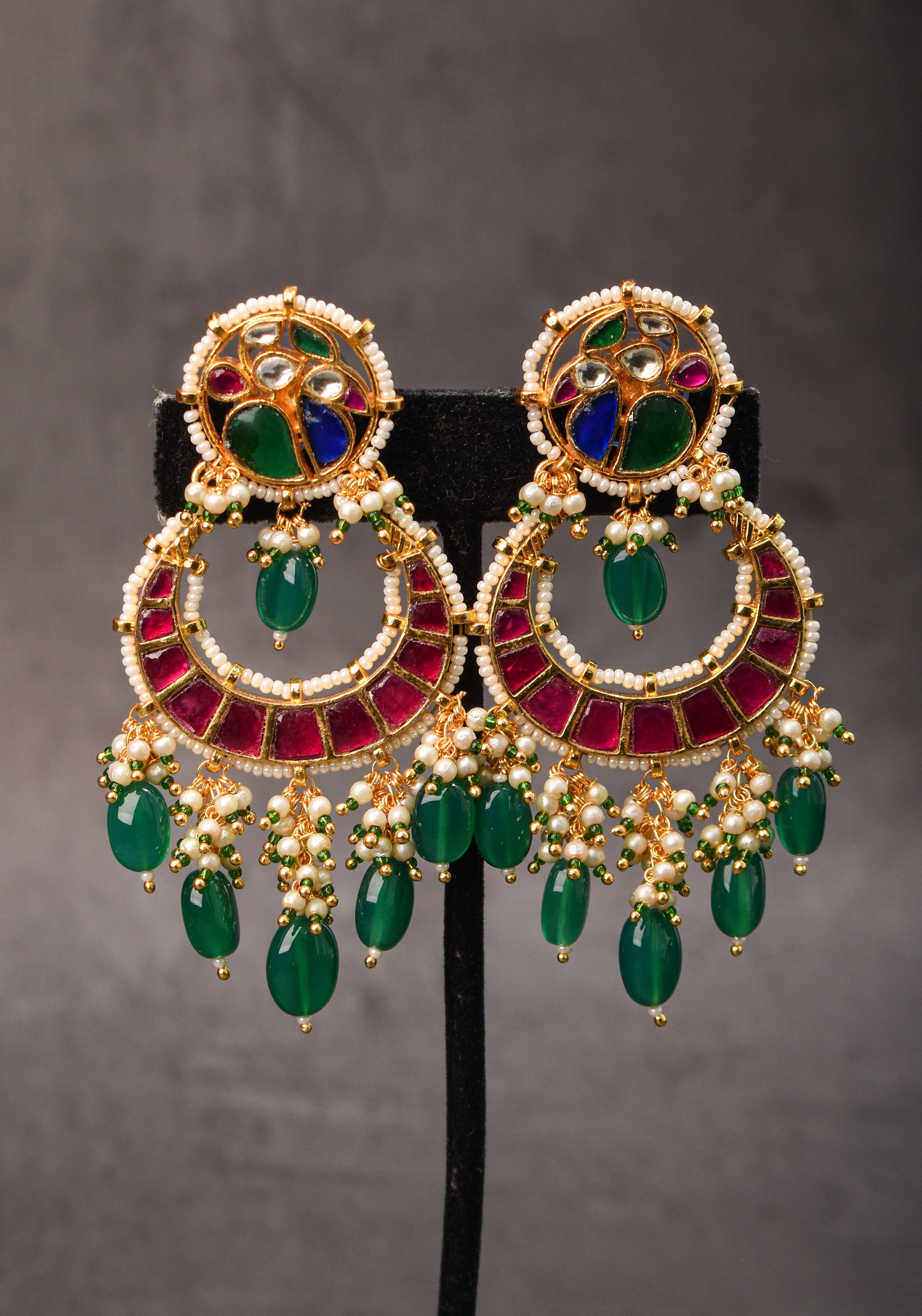 Chandbali Earrings with Pink, Green White & Blue Stones embedded in Jadau technique | Shobitam Jewelry