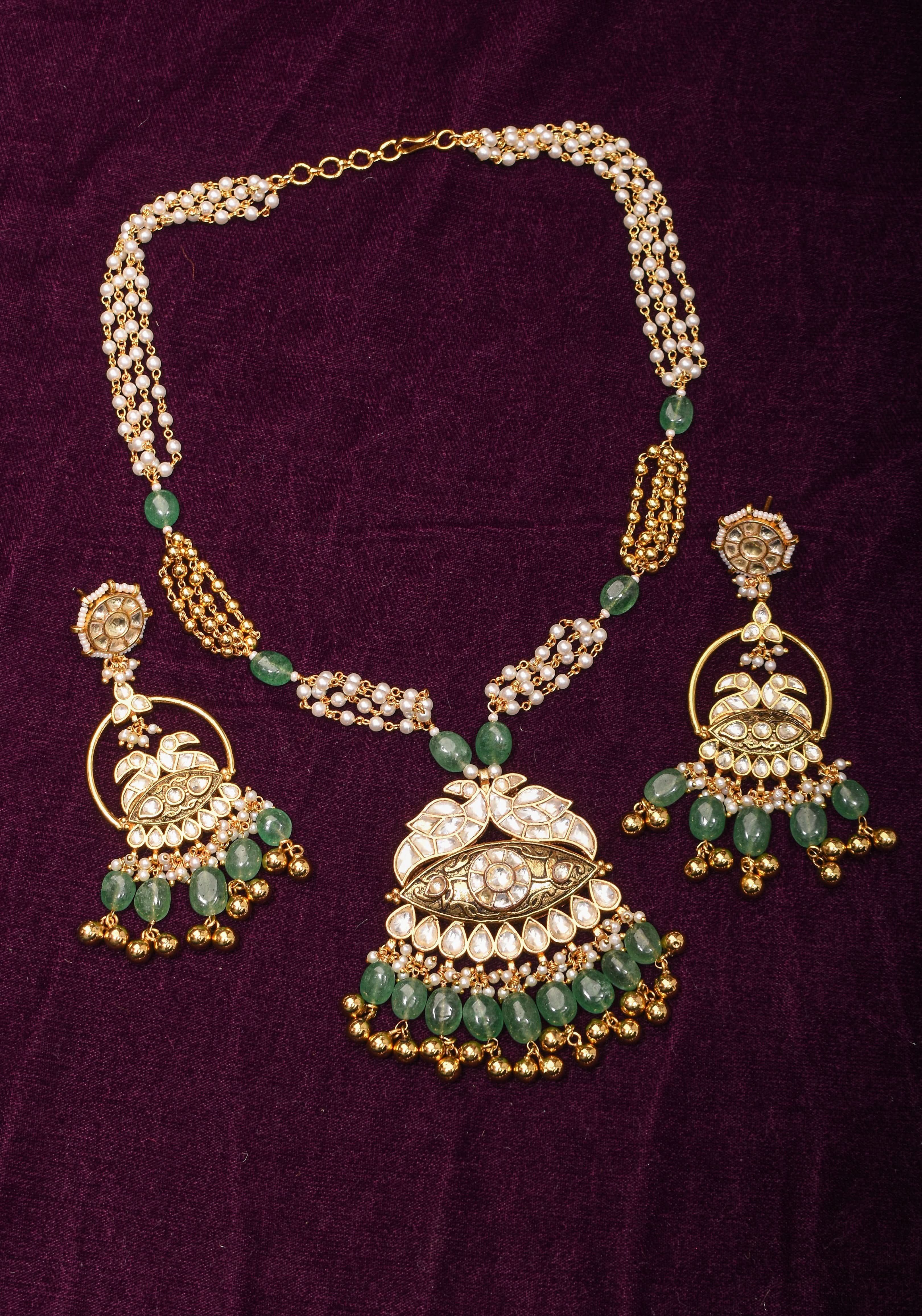 Jadau Pendant on Multistrand Sage Green Beads Necklace set with Twin Peacock Pendant and | Shobitam Jewelry