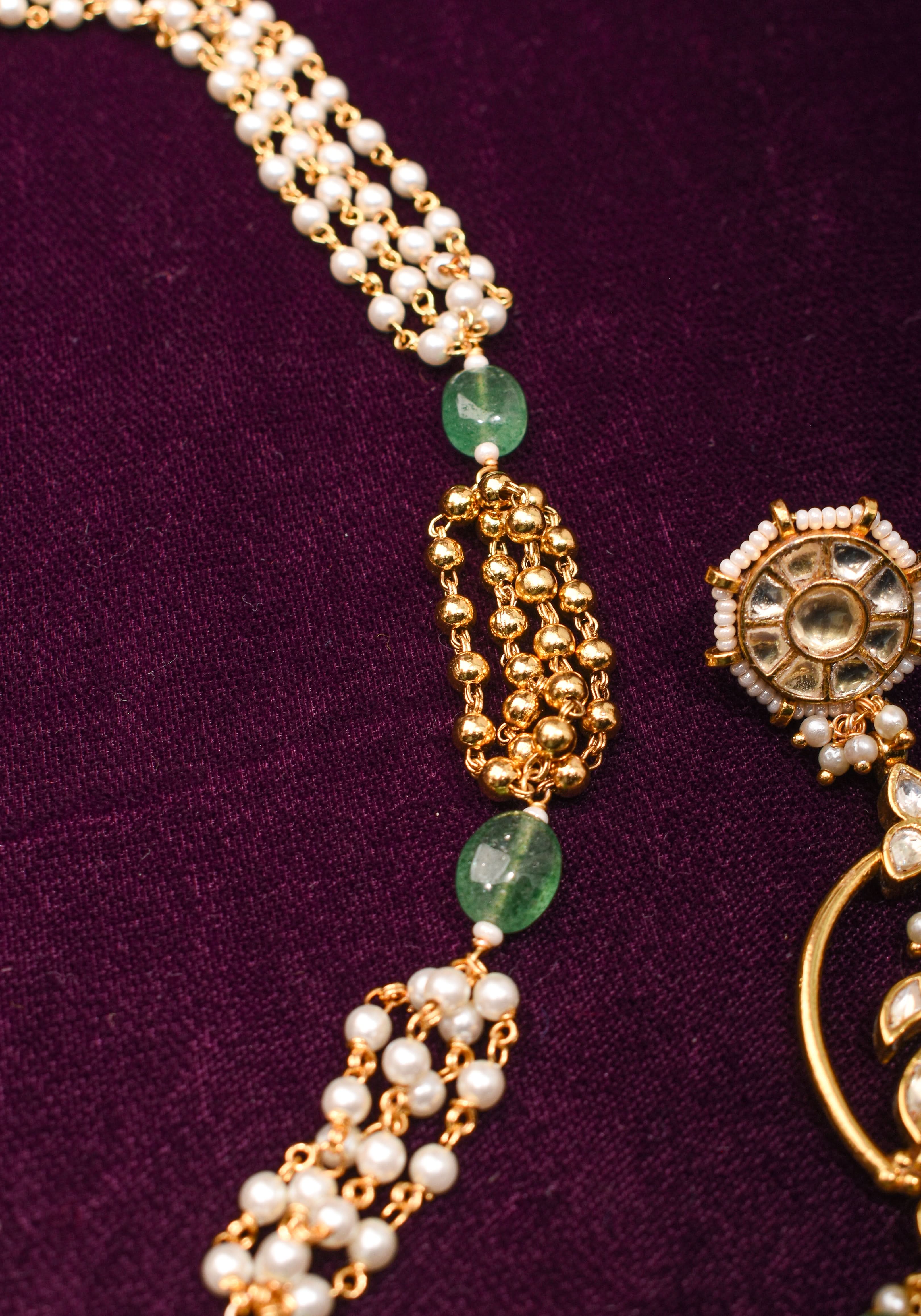 Jadau Pendant on Multistrand Sage Green Beads Necklace set with Twin Peacock Pendant and | Shobitam Jewelry