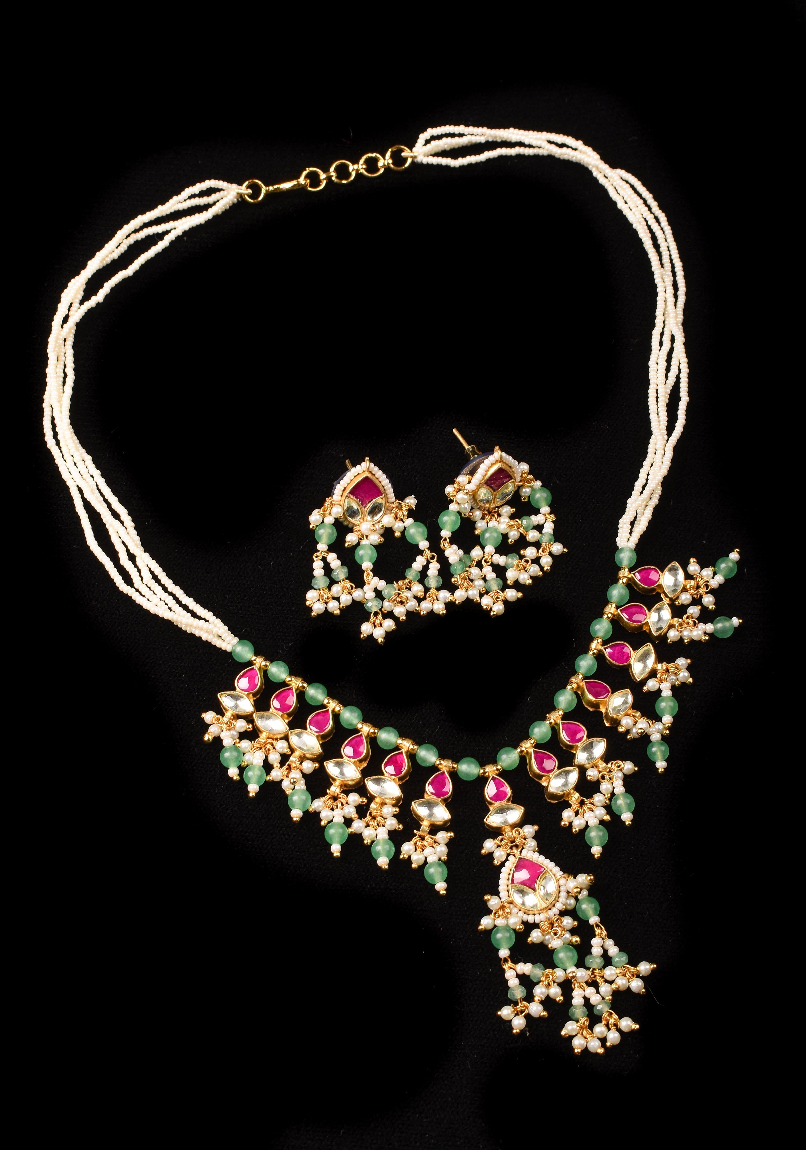 Simple and Lightweight Dangling Jadau Set necklace and Earrings Set | Shobitam