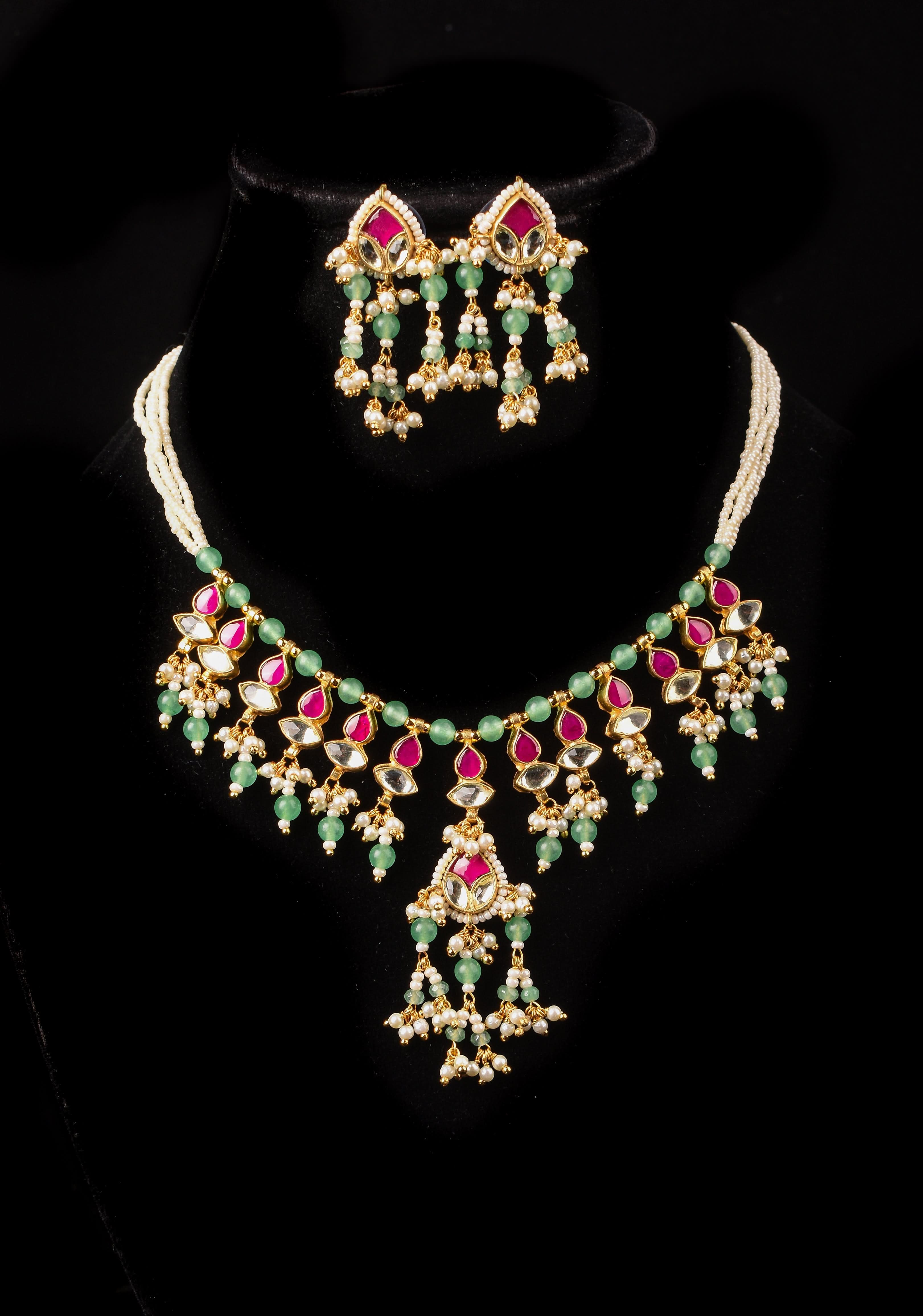 Simple and Lightweight Dangling Jadau Set necklace and Earrings Set | Shobitam