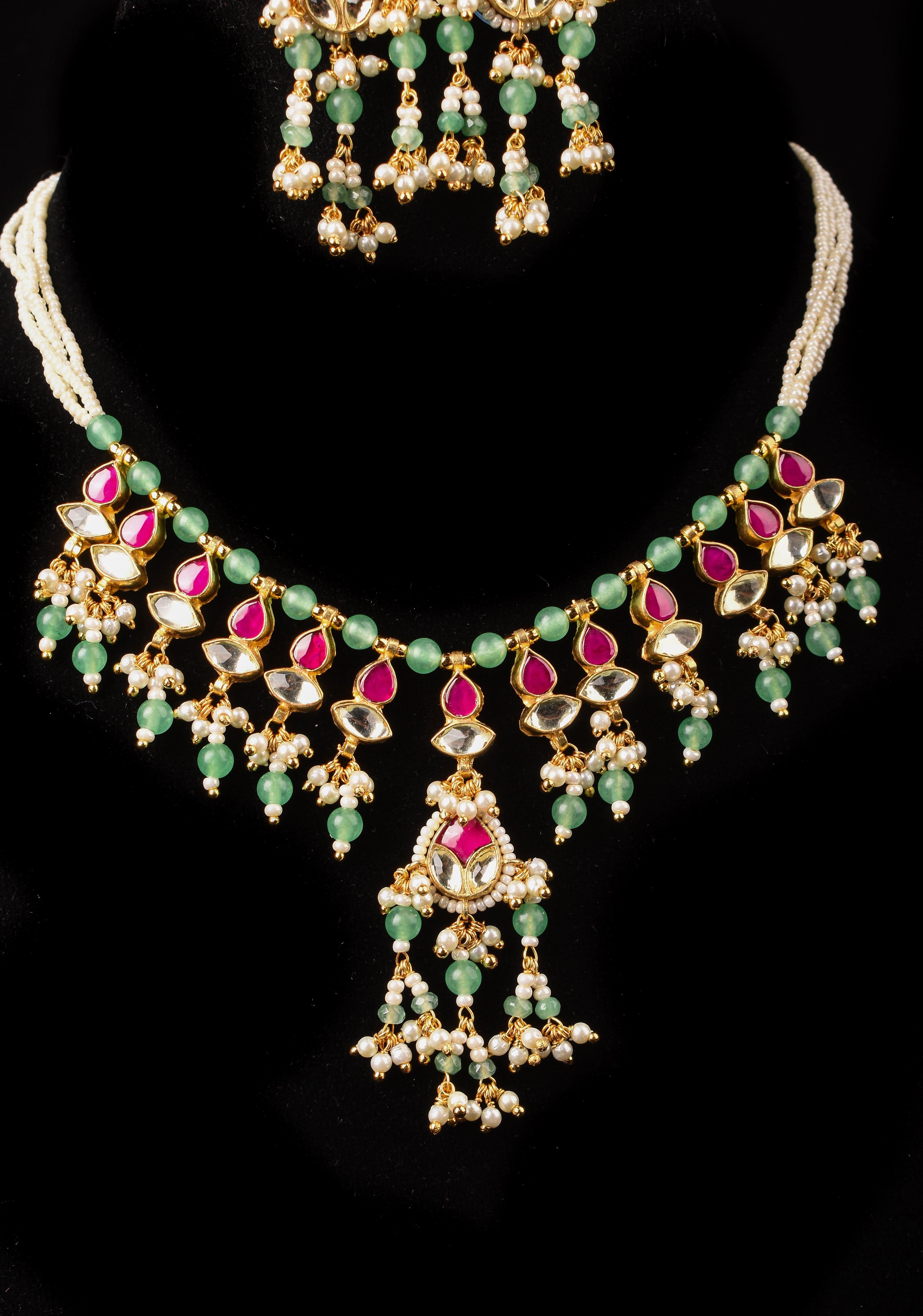 Simple and Lightweight Dangling Jadau Set necklace and Earrings Set | Shobitam
