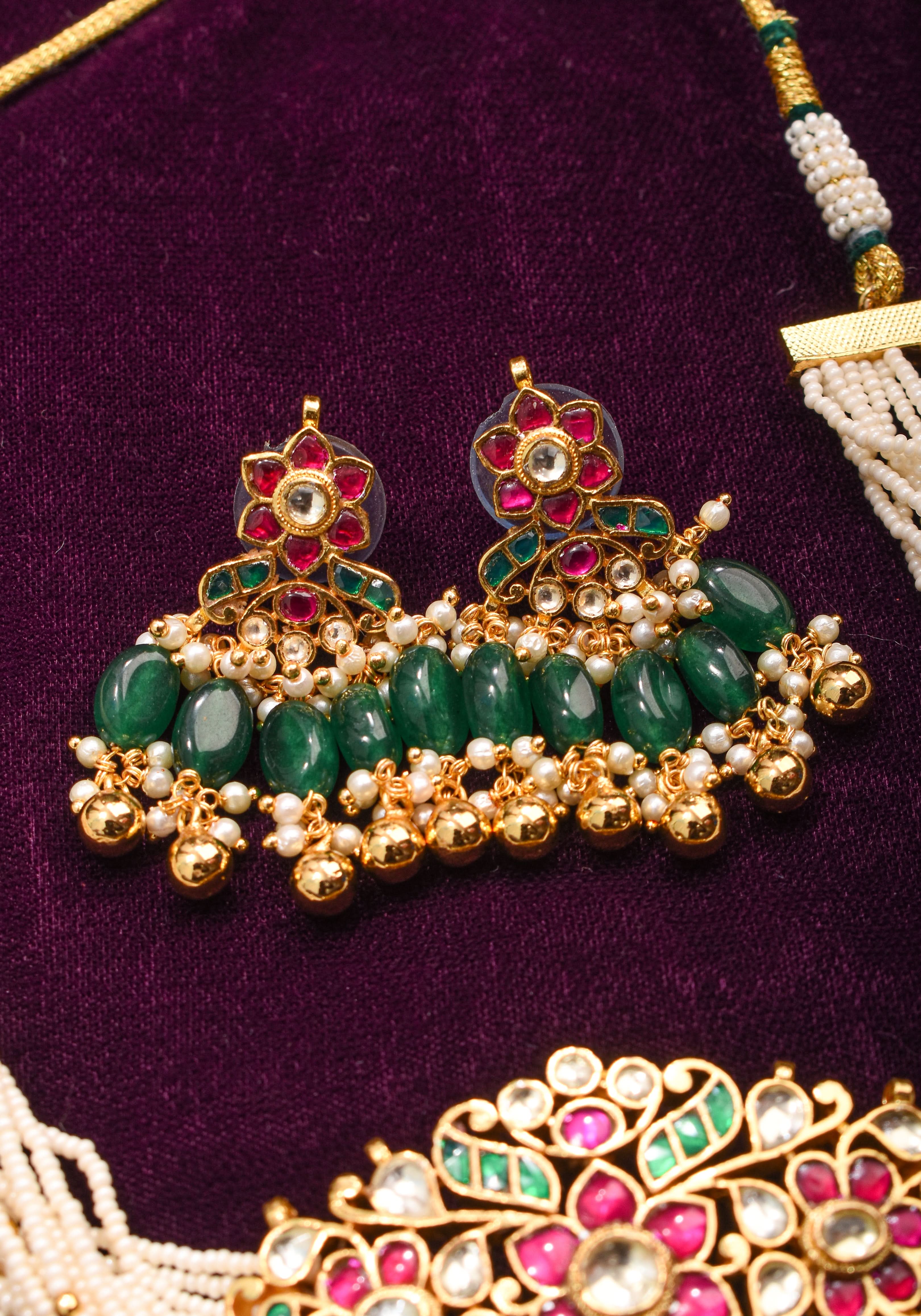 Ornate Jadau Floral Pendant on Multistrand Necklace with Green Dangling Beads and Matching Earrings | SHOBITAM