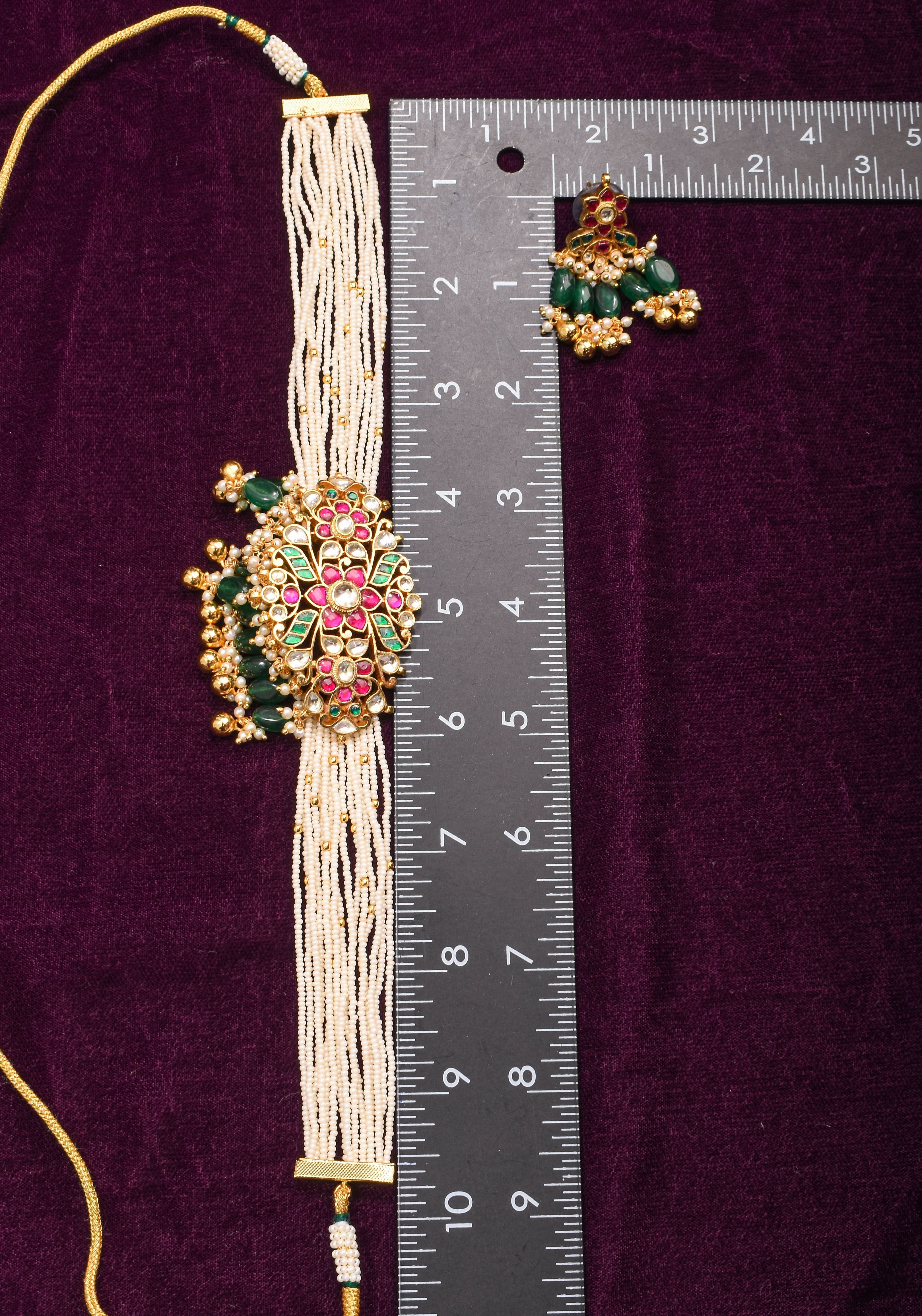 Ornate Jadau Floral Pendant on Multistrand Necklace with Green Dangling Beads and Matching Earrings | SHOBITAM