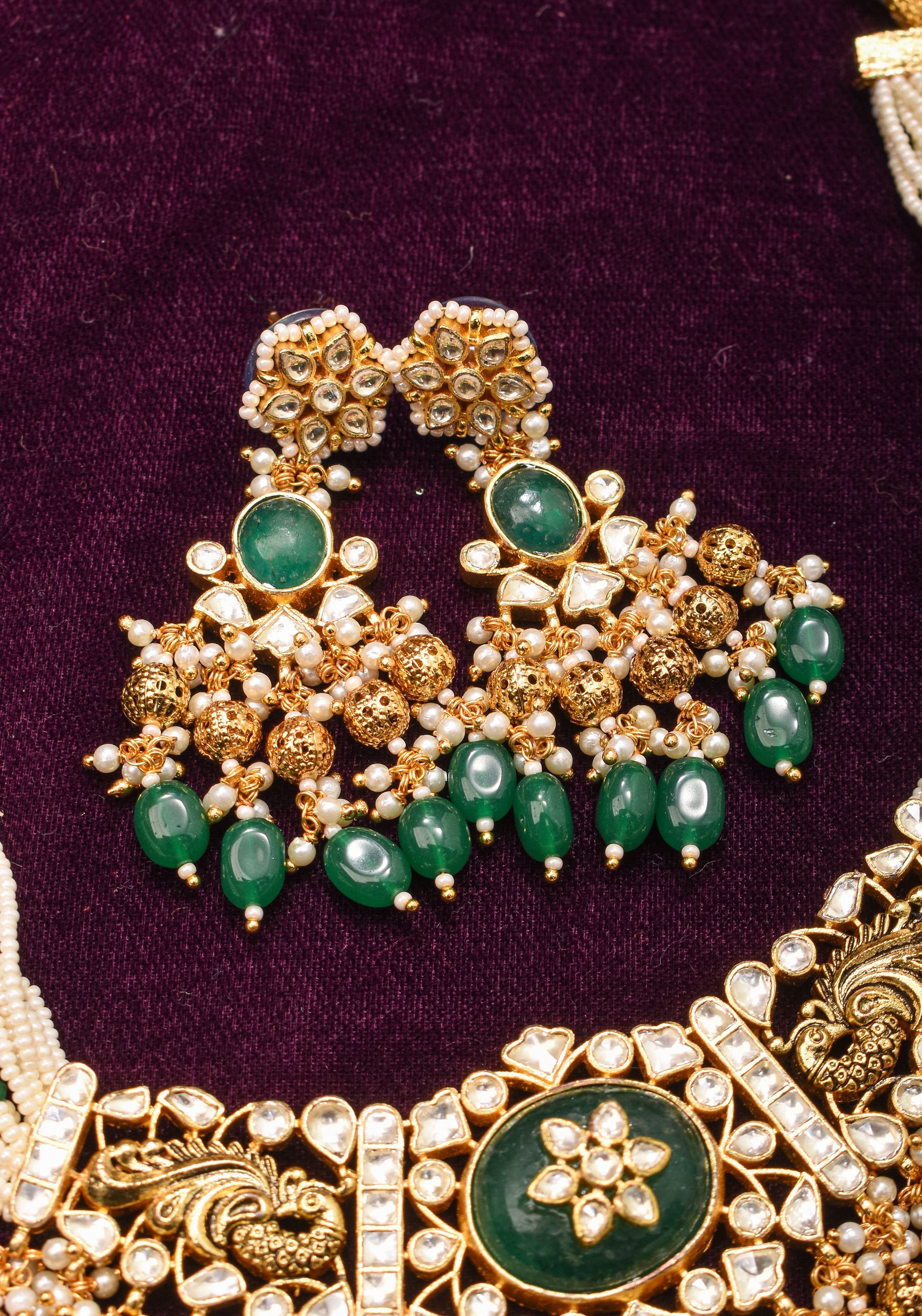Ornate Jadau Pendant on Multistrand Necklace with Dangling Beads and Matching Earrings | Shobitam Jewelry