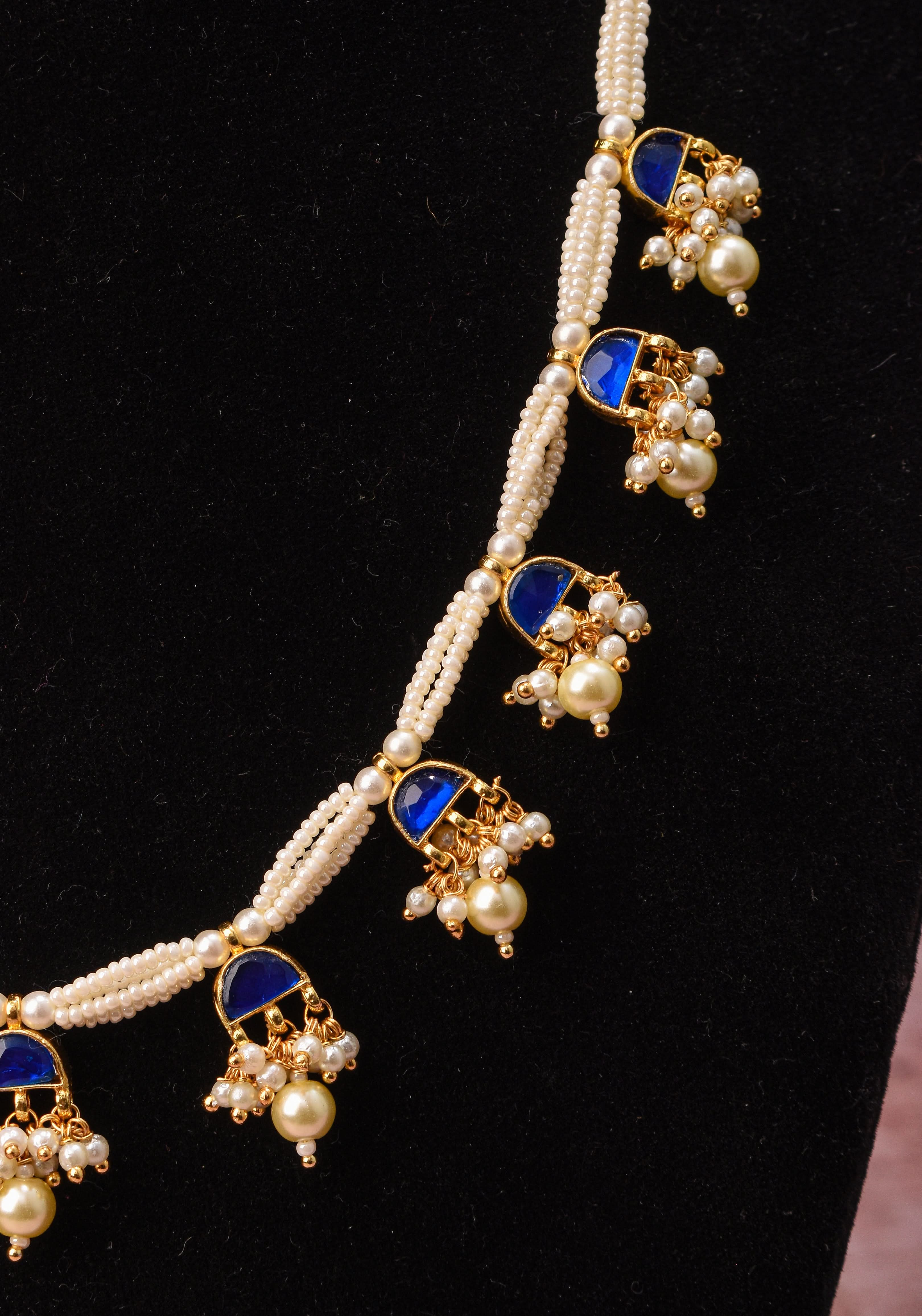 Lightweight Jadau Necklace Set with eleven dangling royal blue stones and matching earrings | Shobitam Jewelry