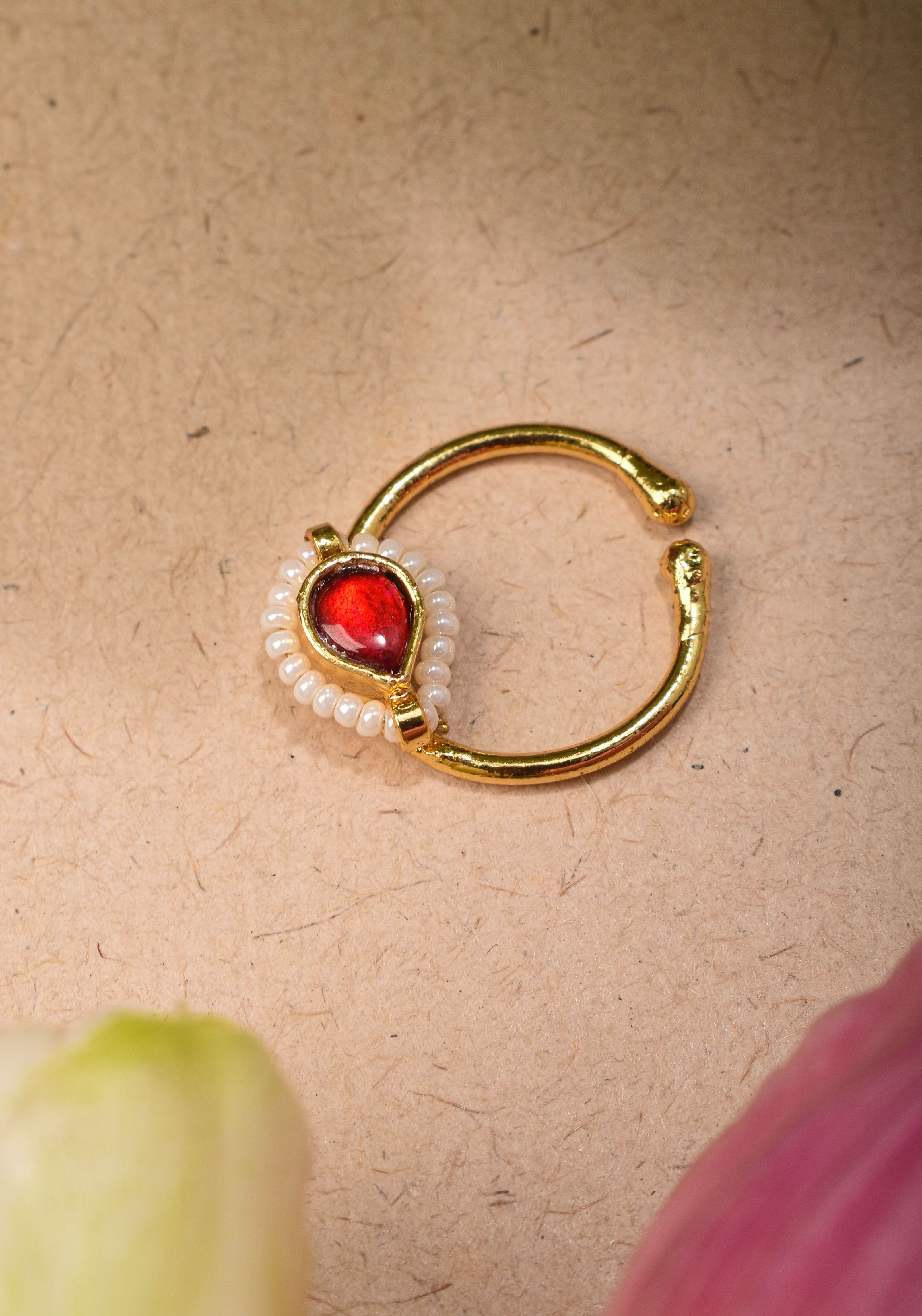 Red Kundan Clip on nose pin surrounded with Pearls Beads | Shobitam