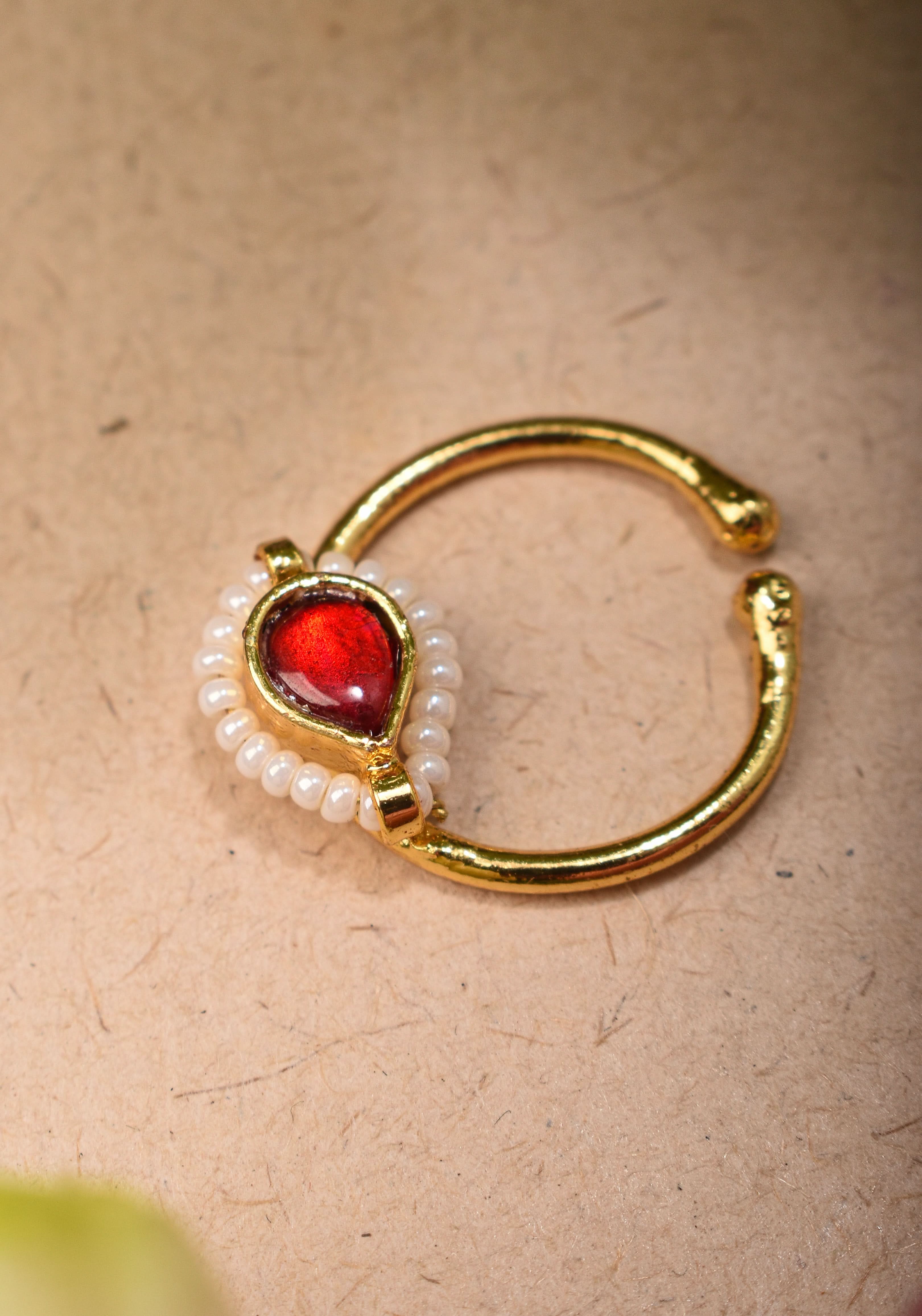 Red Kundan Clip on nose pin surrounded with Pearls Beads | Shobitam