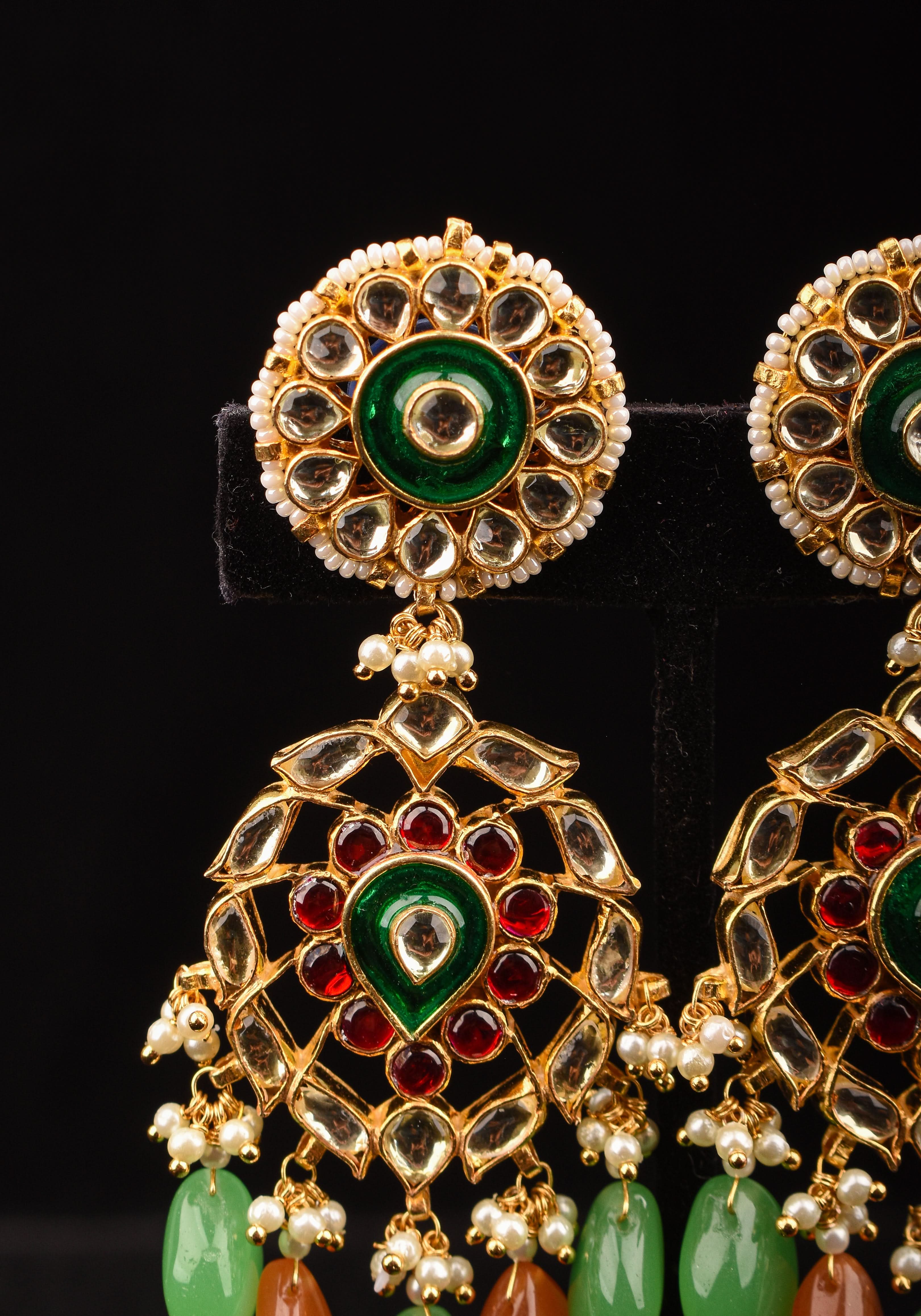 Kemp Stone Long earrings with dangling pearls and Beads in green, orange | Shobitam Jewelry