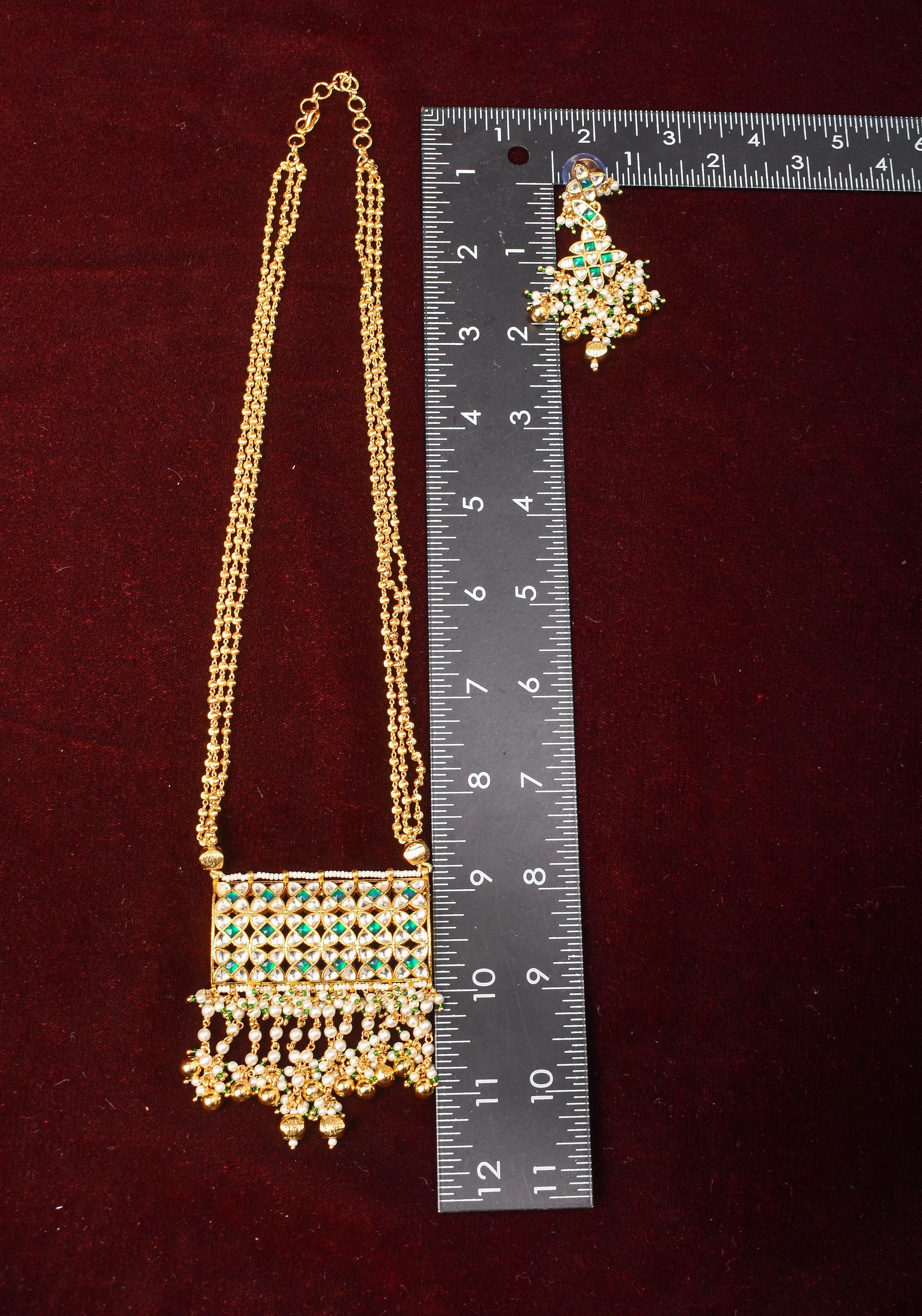 Rajwadi Rectangular Jadau Pendant with 3 strand necklace and dangling earrings, Microplated | SHOBITAM