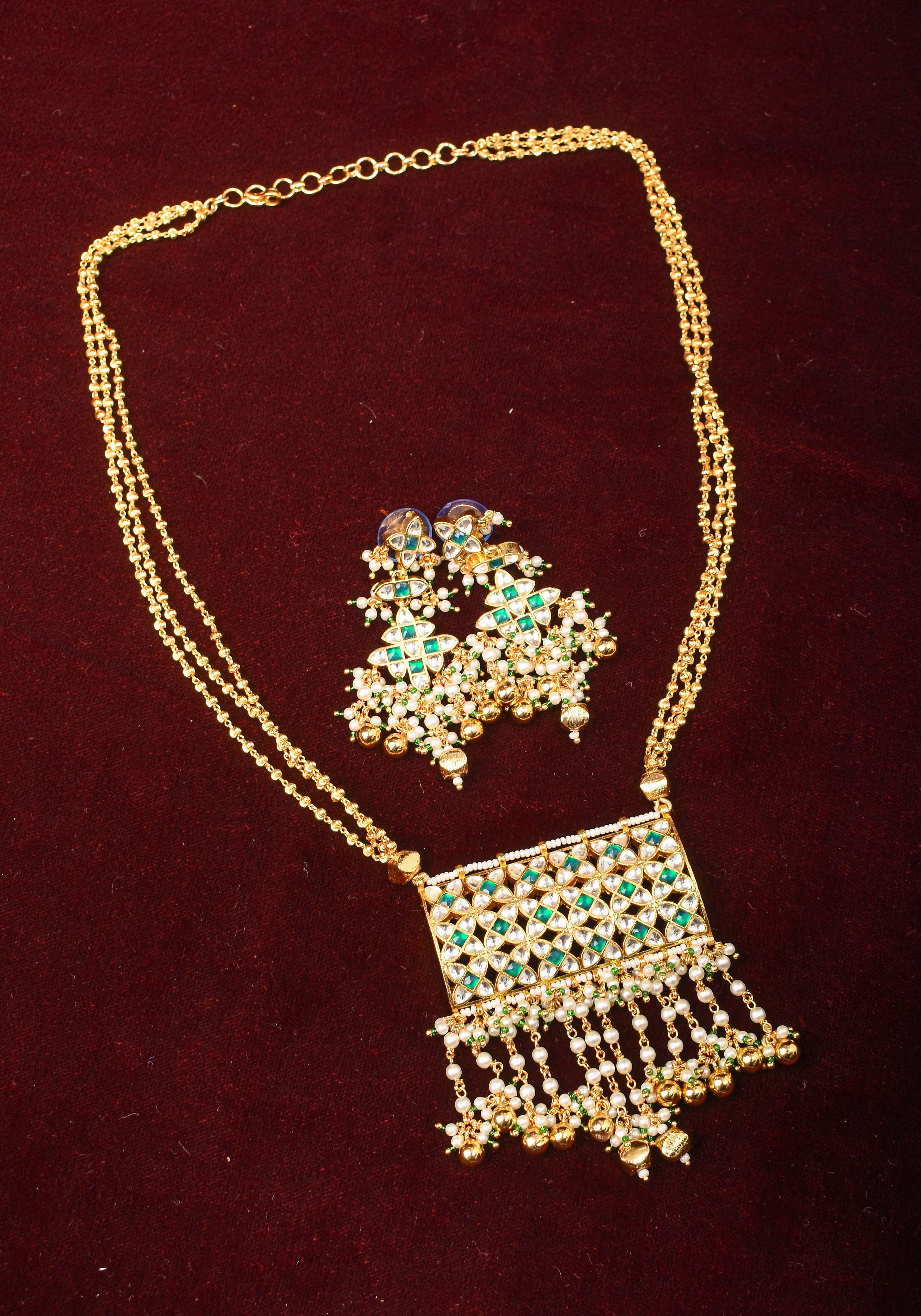 Rajwadi Rectangular Jadau Pendant with 3 strand necklace and dangling earrings, Microplated | SHOBITAM