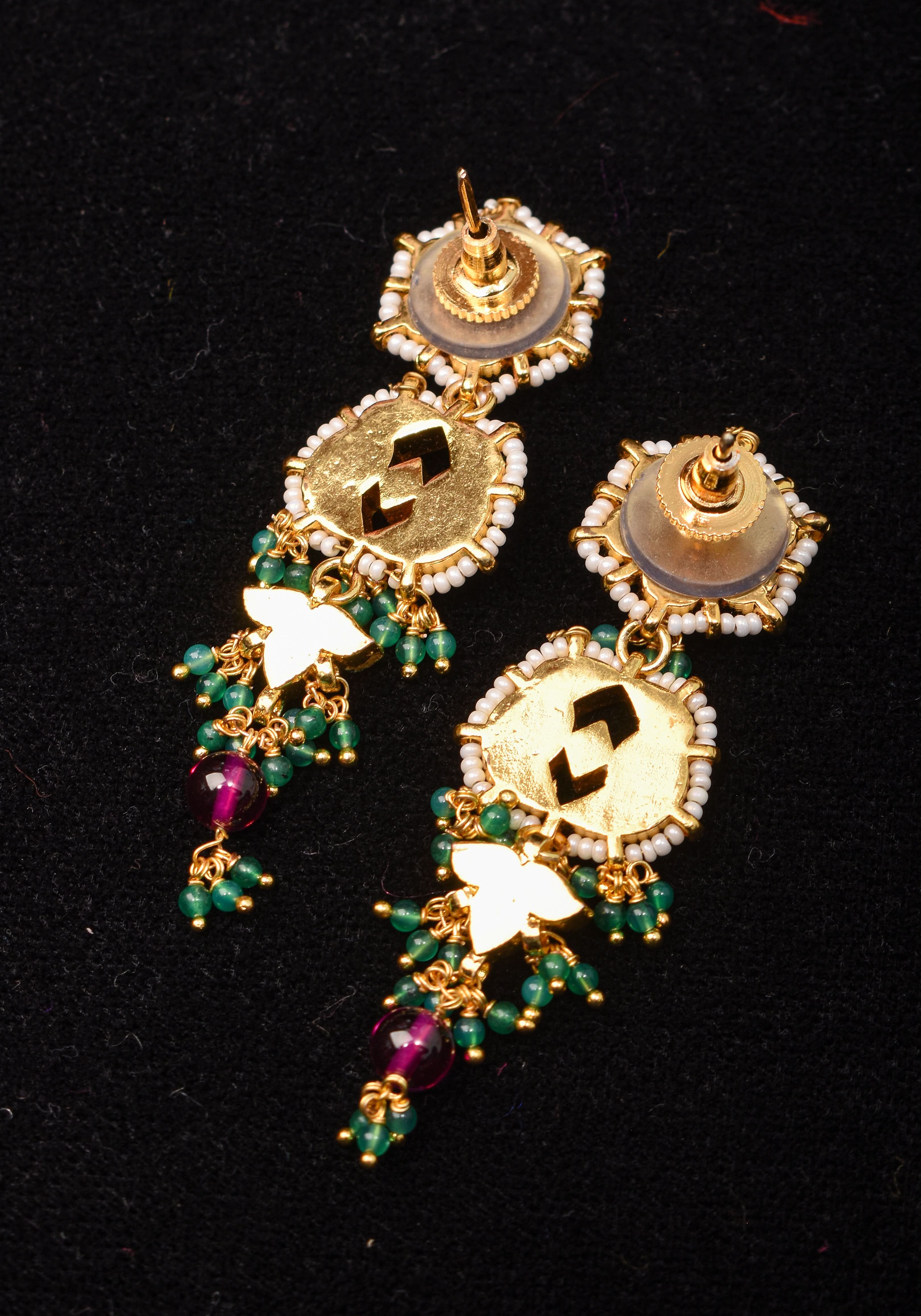 Earrings with flower embedded in Jadau technique and dangling beads | SHOBITAM