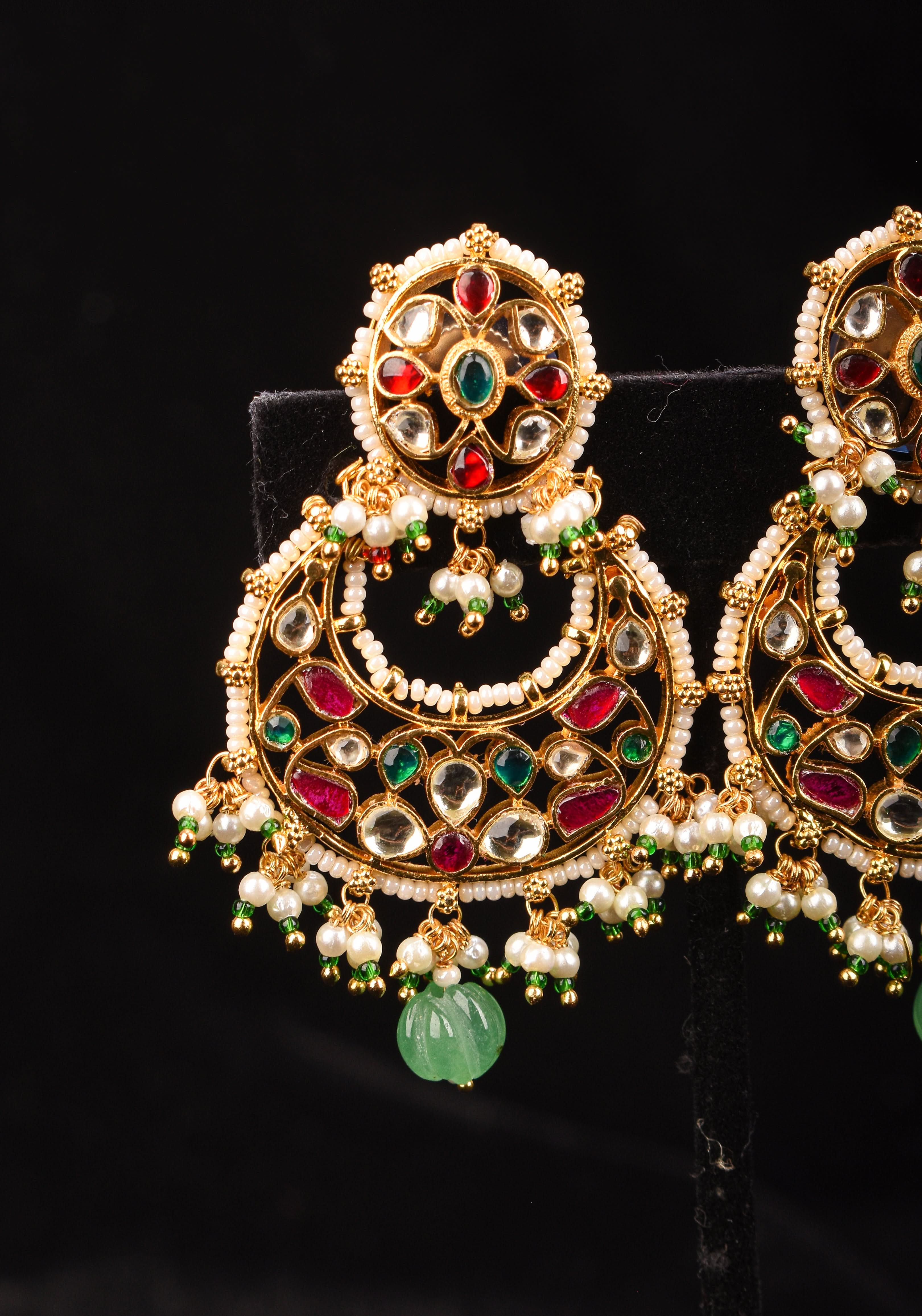 2.5" Jadau Chandbali Earrings with 3 color stones | Shobitam