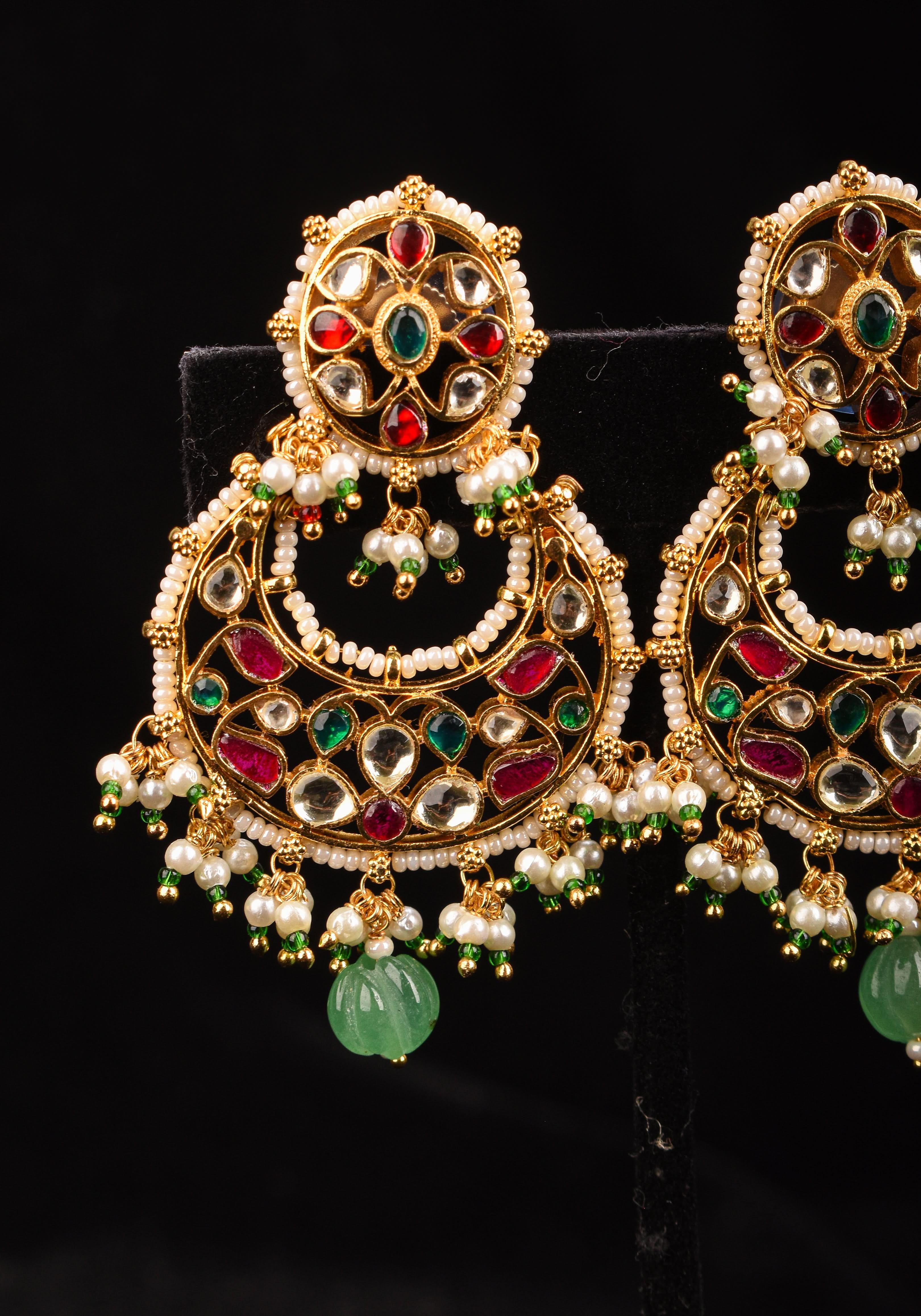 2.5" Jadau Chandbali Earrings with 3 color stones | Shobitam
