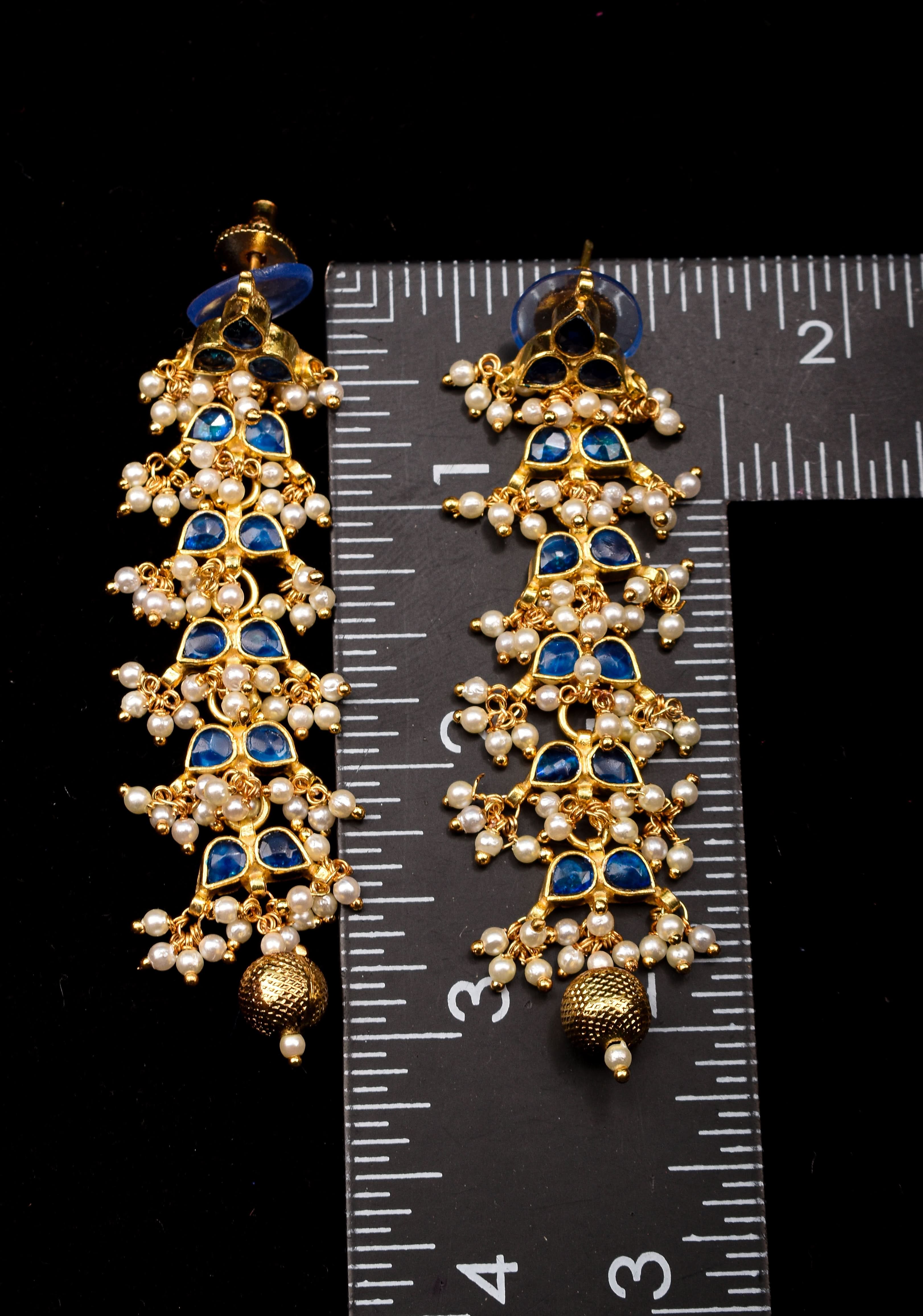 3 Inch Jadau Earrings in Tiered Leaf design with Blue Stones and dainty Pearls beads | SHOBITAM