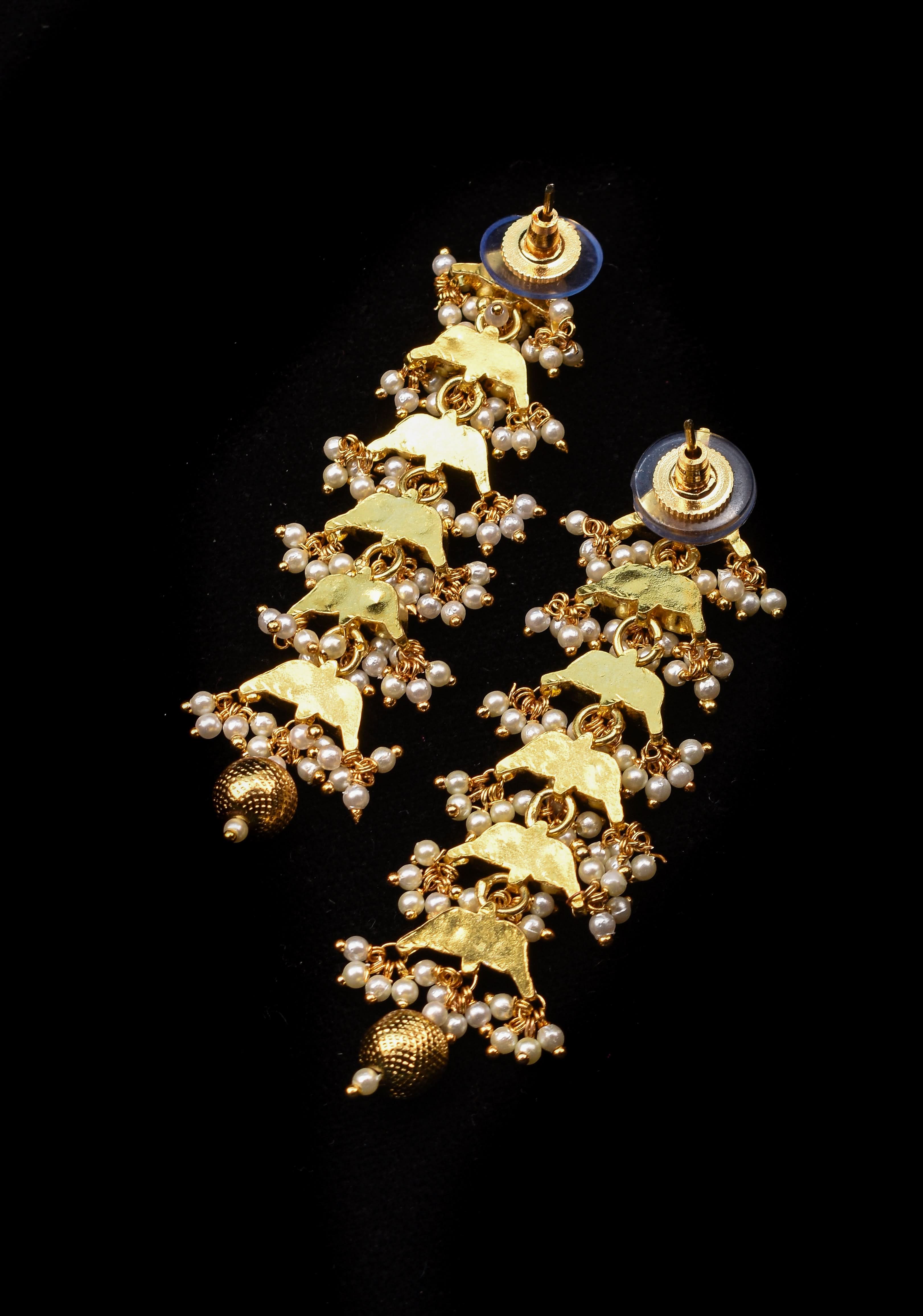 3 Inch Jadau Earrings in Tiered Leaf design with Blue Stones and dainty Pearls beads | SHOBITAM