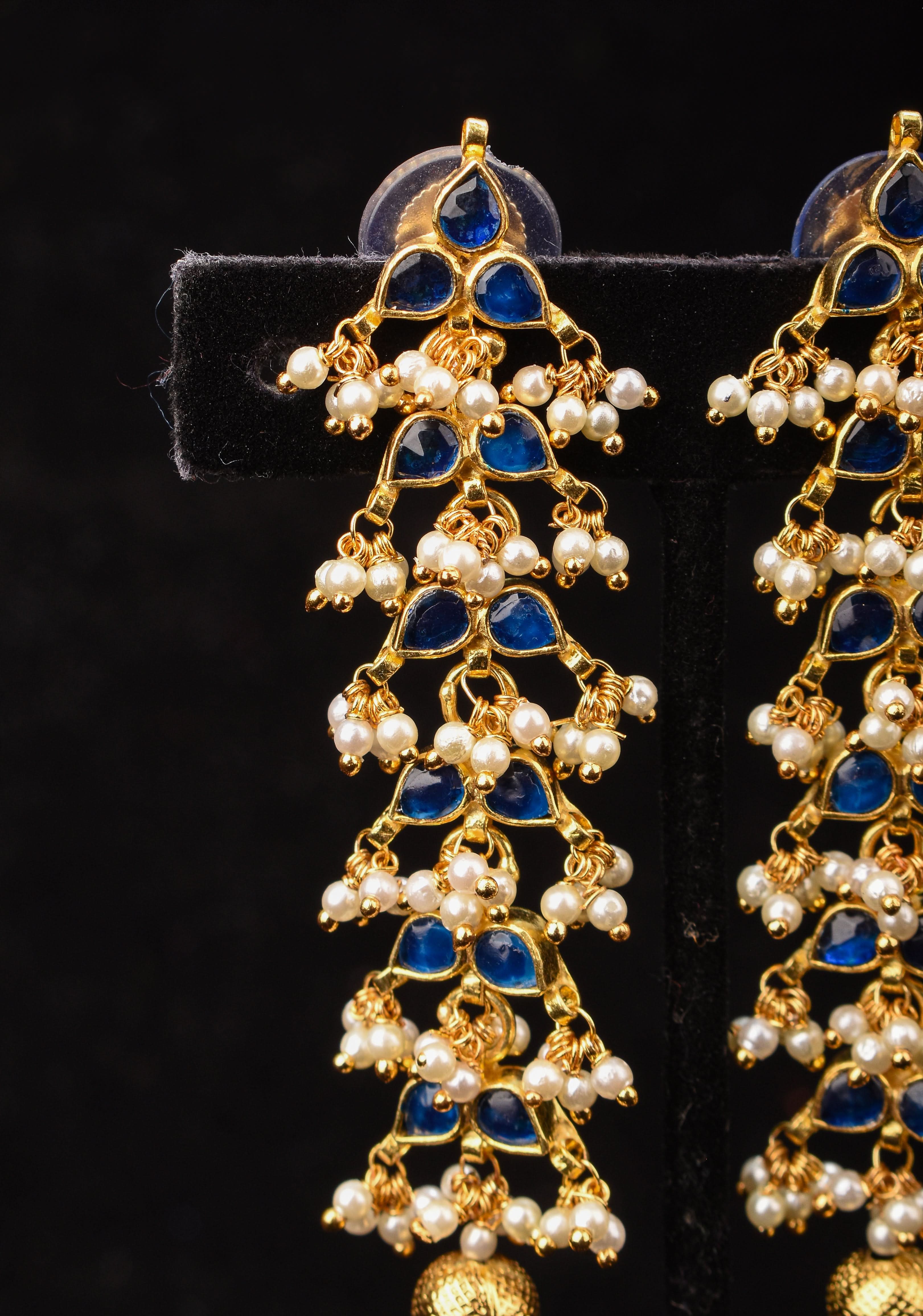 3 Inch Jadau Earrings in Tiered Leaf design with Blue Stones and dainty Pearls beads | SHOBITAM