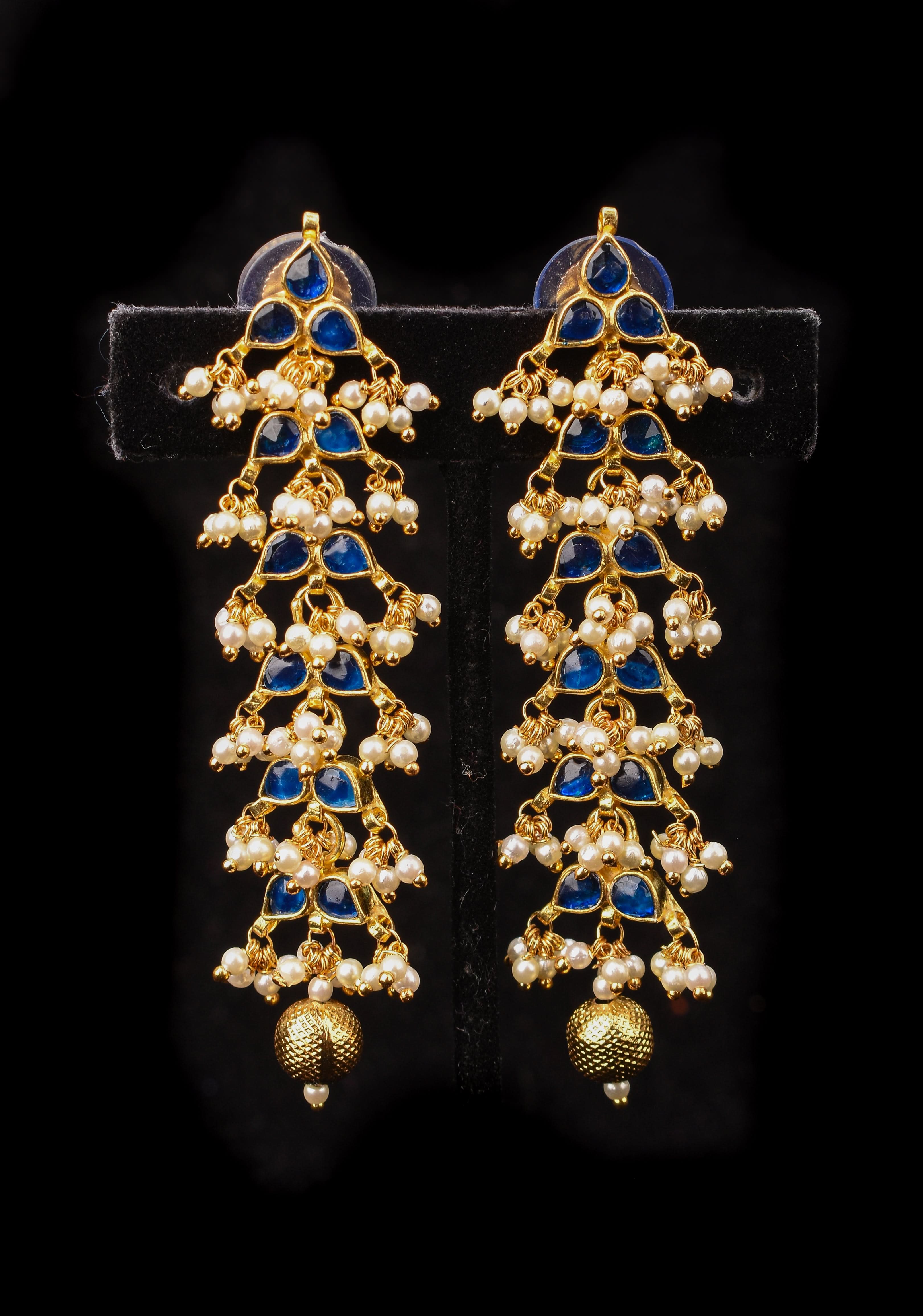 3 Inch Jadau Earrings in Tiered Leaf design with Blue Stones and dainty Pearls beads | SHOBITAM