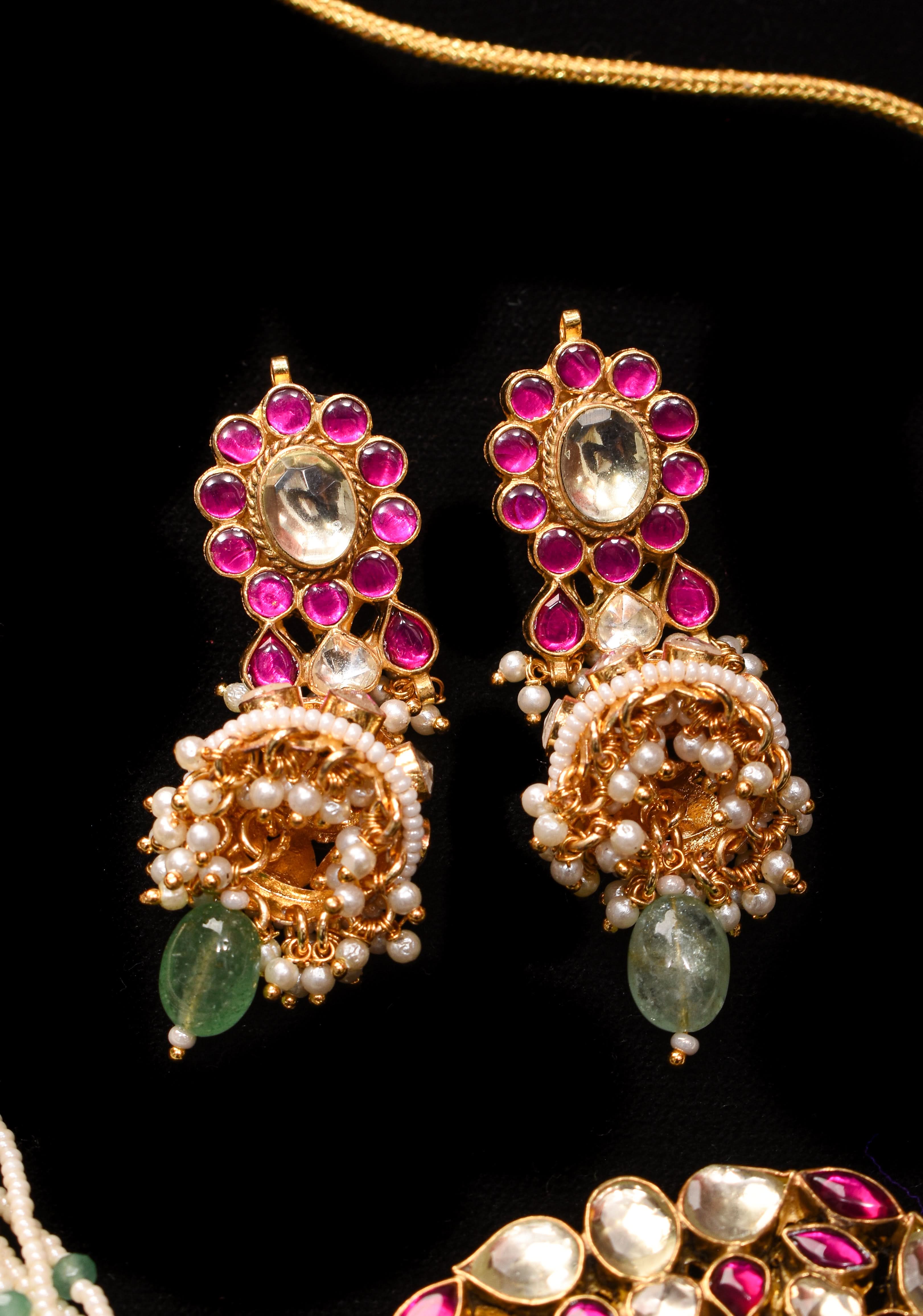 Ahmedabadi kundan multistrand necklace set with dangling pearl clusters | Shobitam Jewelry