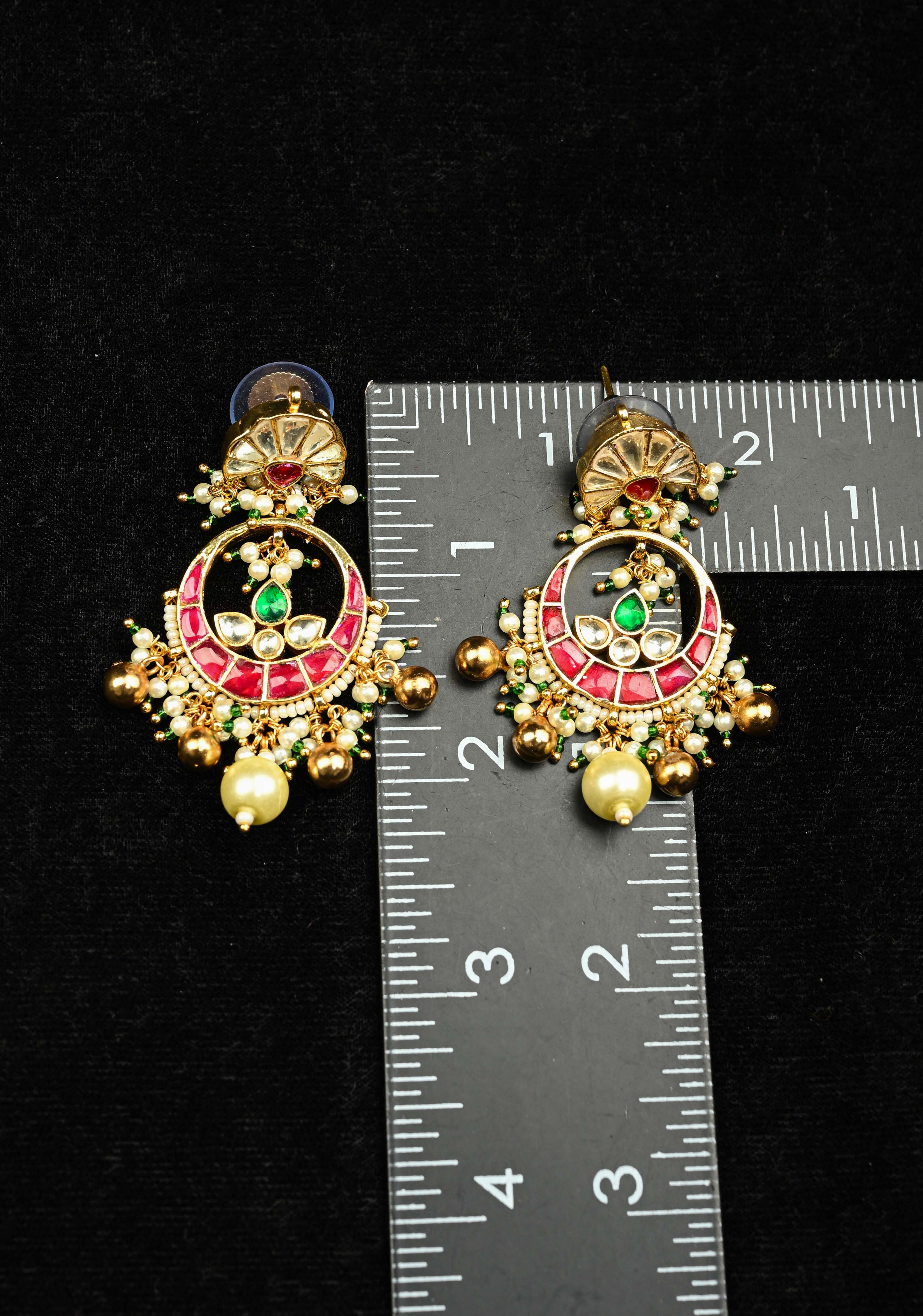 Chandbali Earrings with flower and Chand embedded in Jadau technique and dangling beads | SHOBITAM