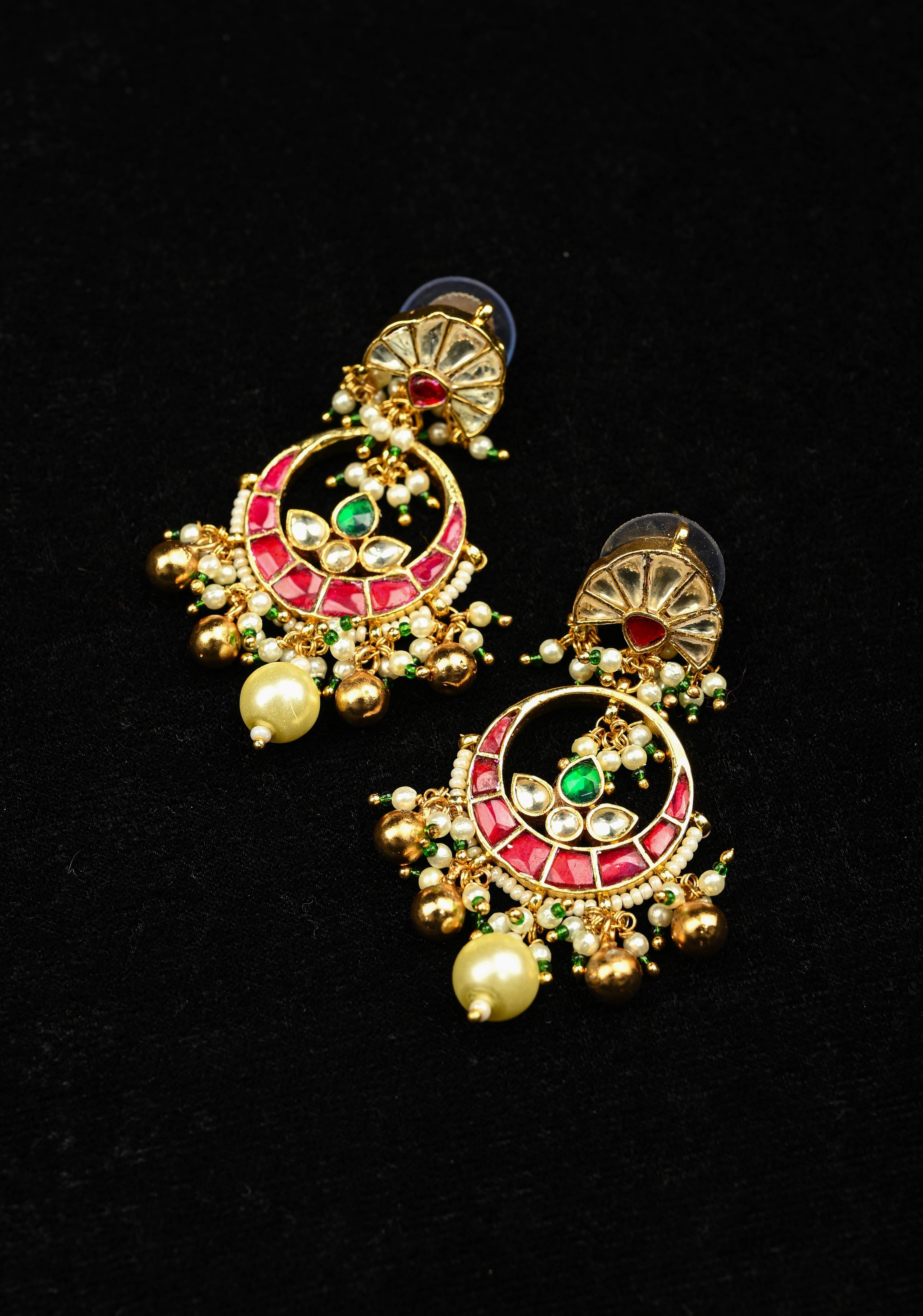 Chandbali Earrings with flower and Chand embedded in Jadau technique and dangling beads | SHOBITAM