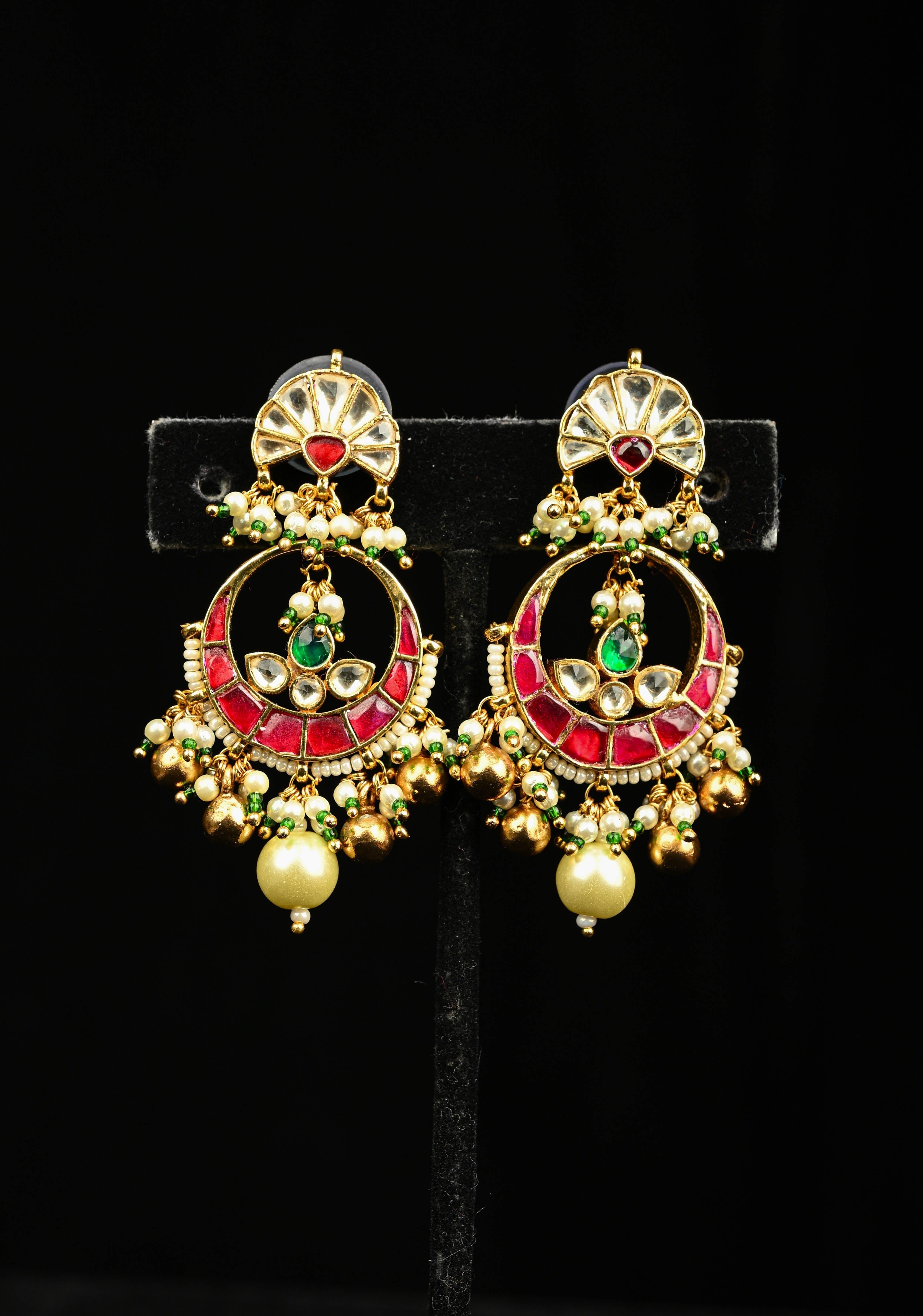 Chandbali Earrings with flower and Chand embedded in Jadau technique and dangling beads | SHOBITAM