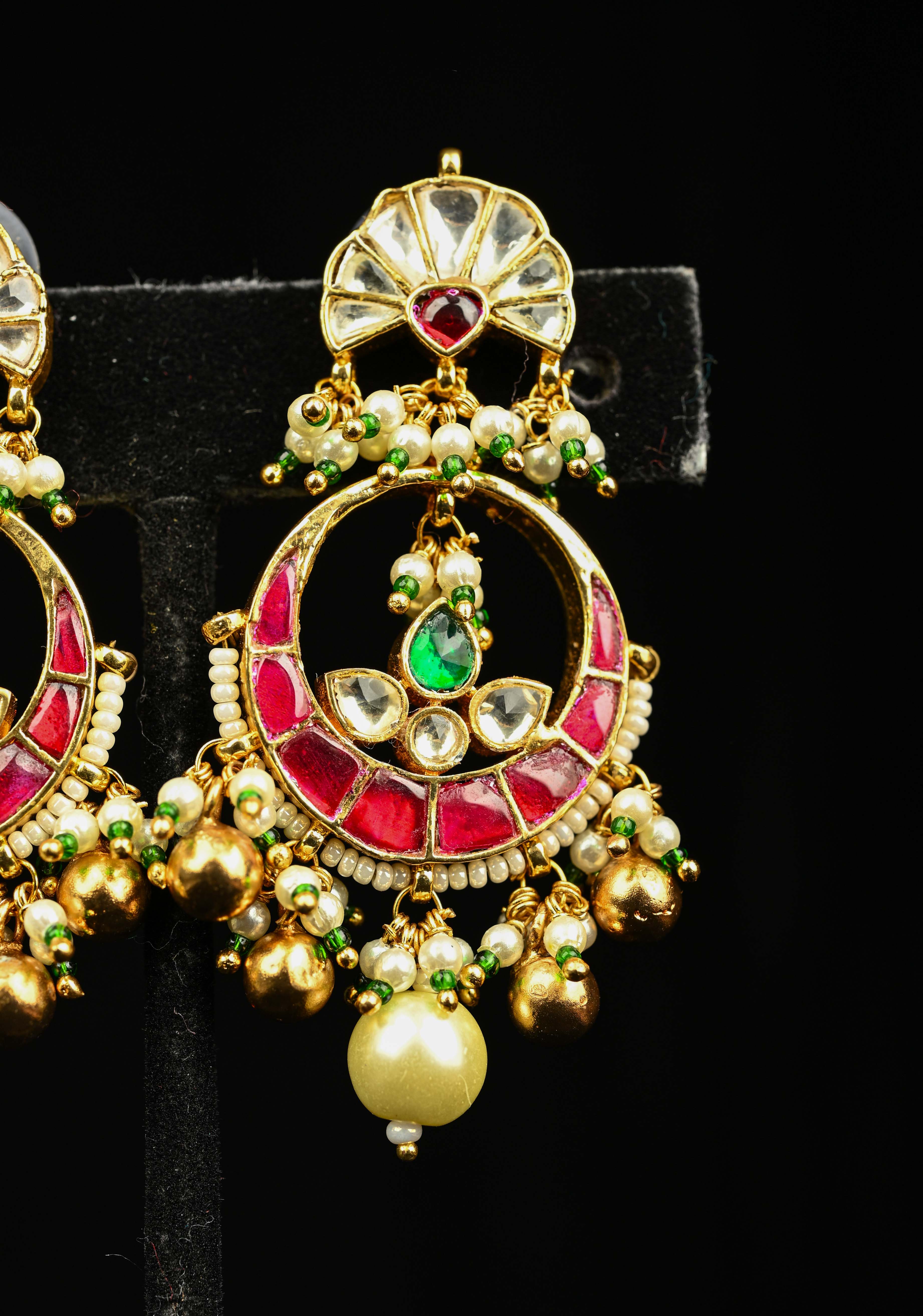 Chandbali Earrings with flower and Chand embedded in Jadau technique and dangling beads | SHOBITAM