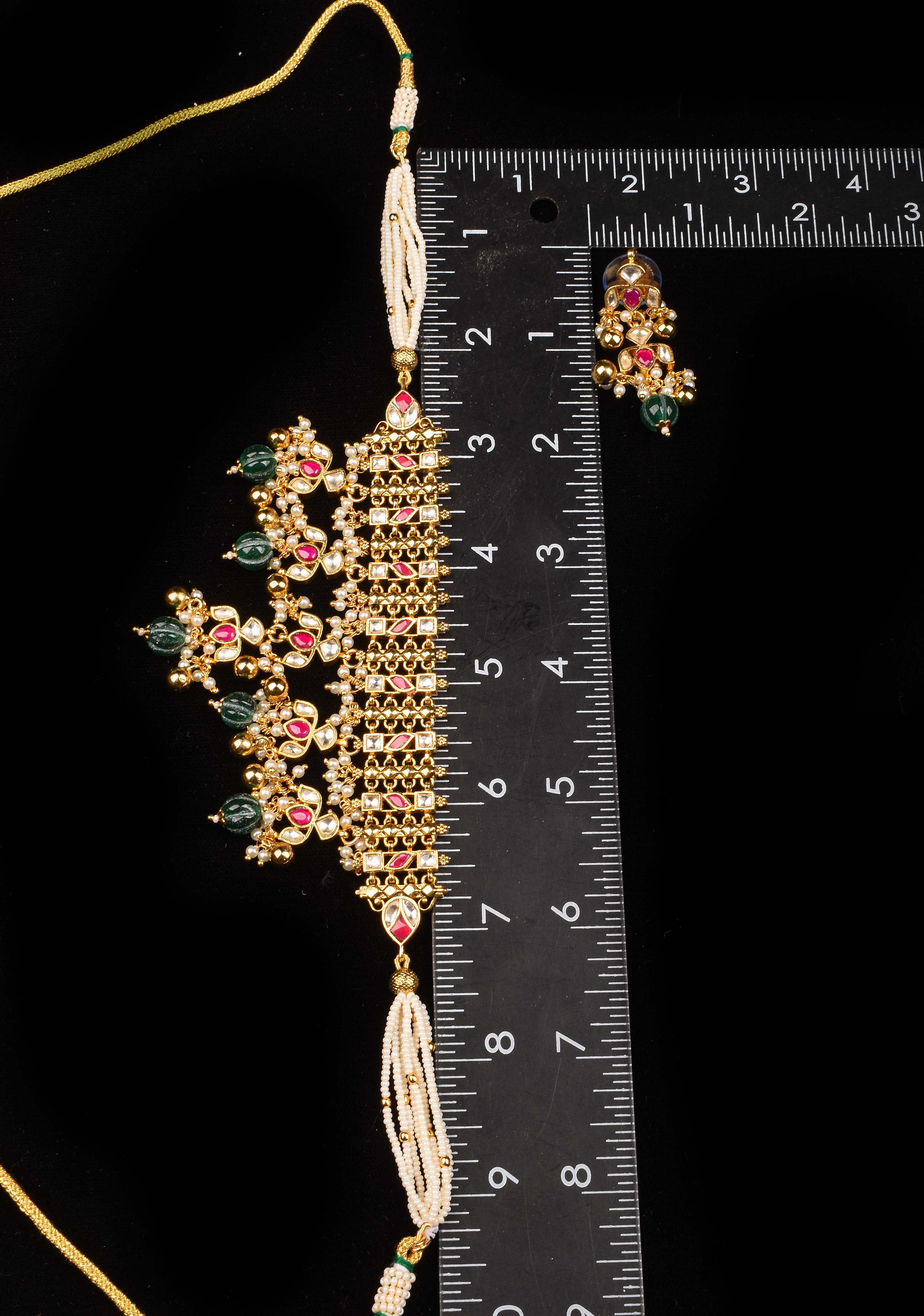 Antique Multistrand Gold Tone Flexible Floral design Simple Necklace Set with green dangling beads | Shobitam