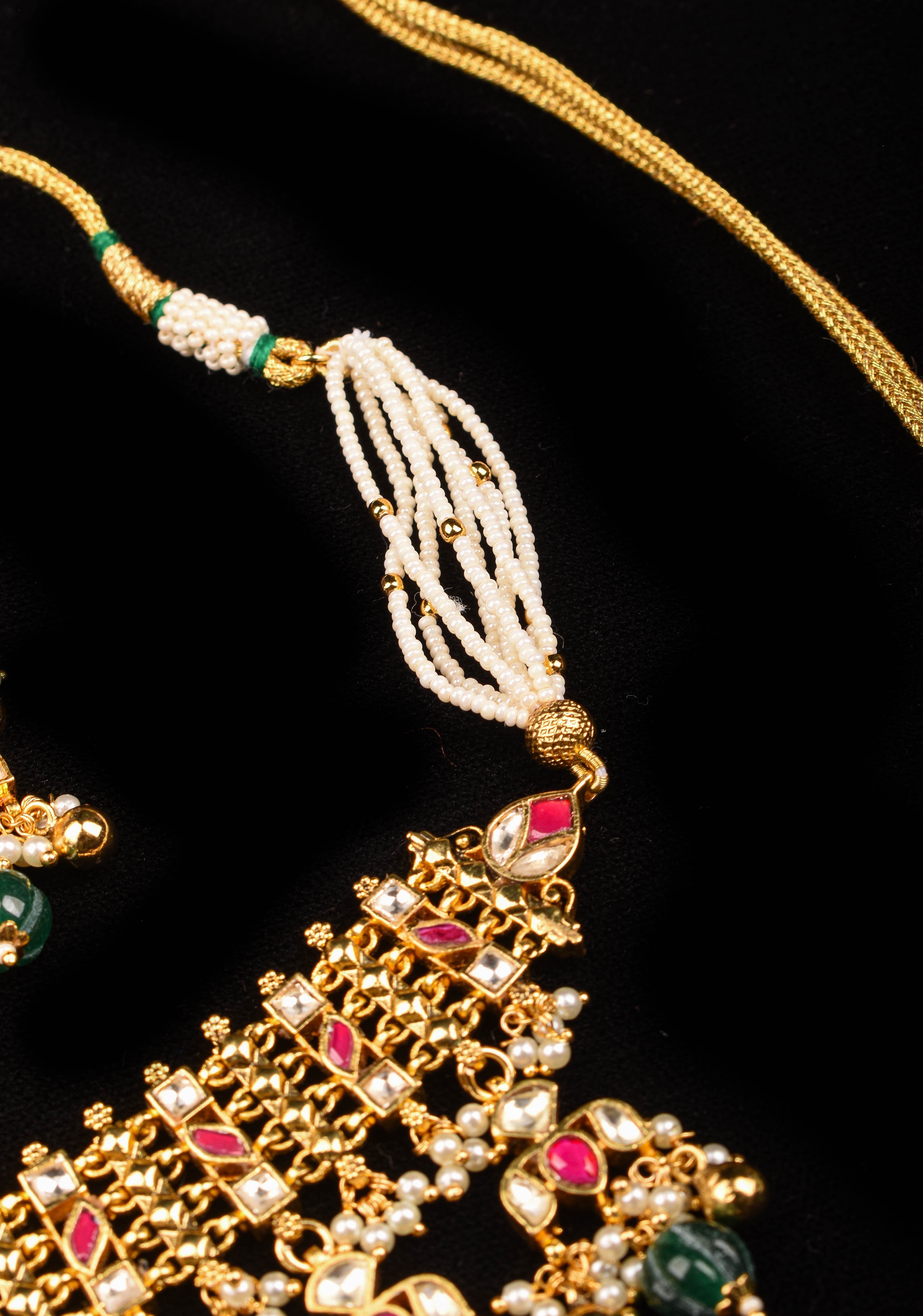 Antique Multistrand Gold Tone Flexible Floral design Simple Necklace Set with green dangling beads | Shobitam