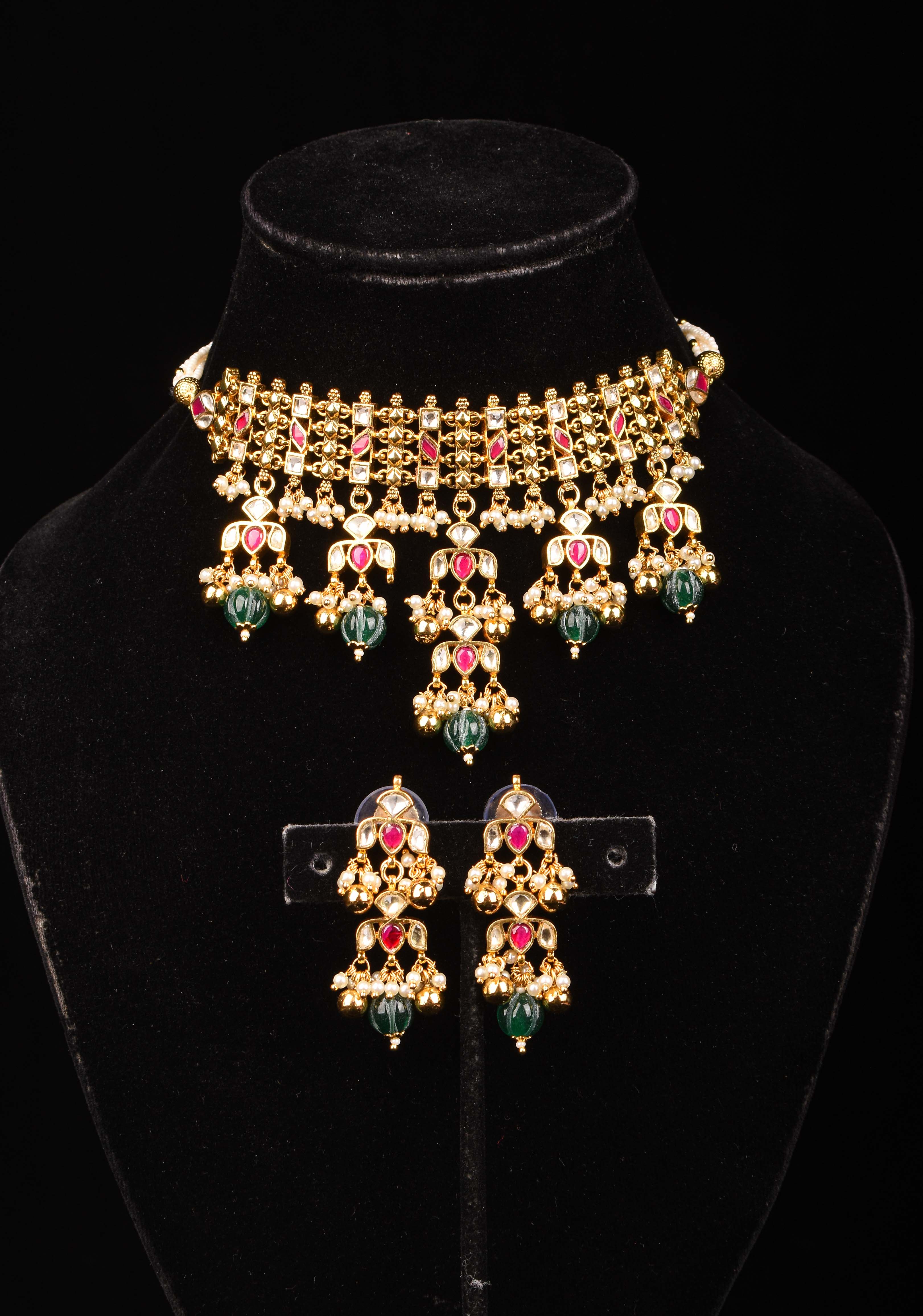 Antique Multistrand Gold Tone Flexible Floral design Simple Necklace Set with green dangling beads | Shobitam