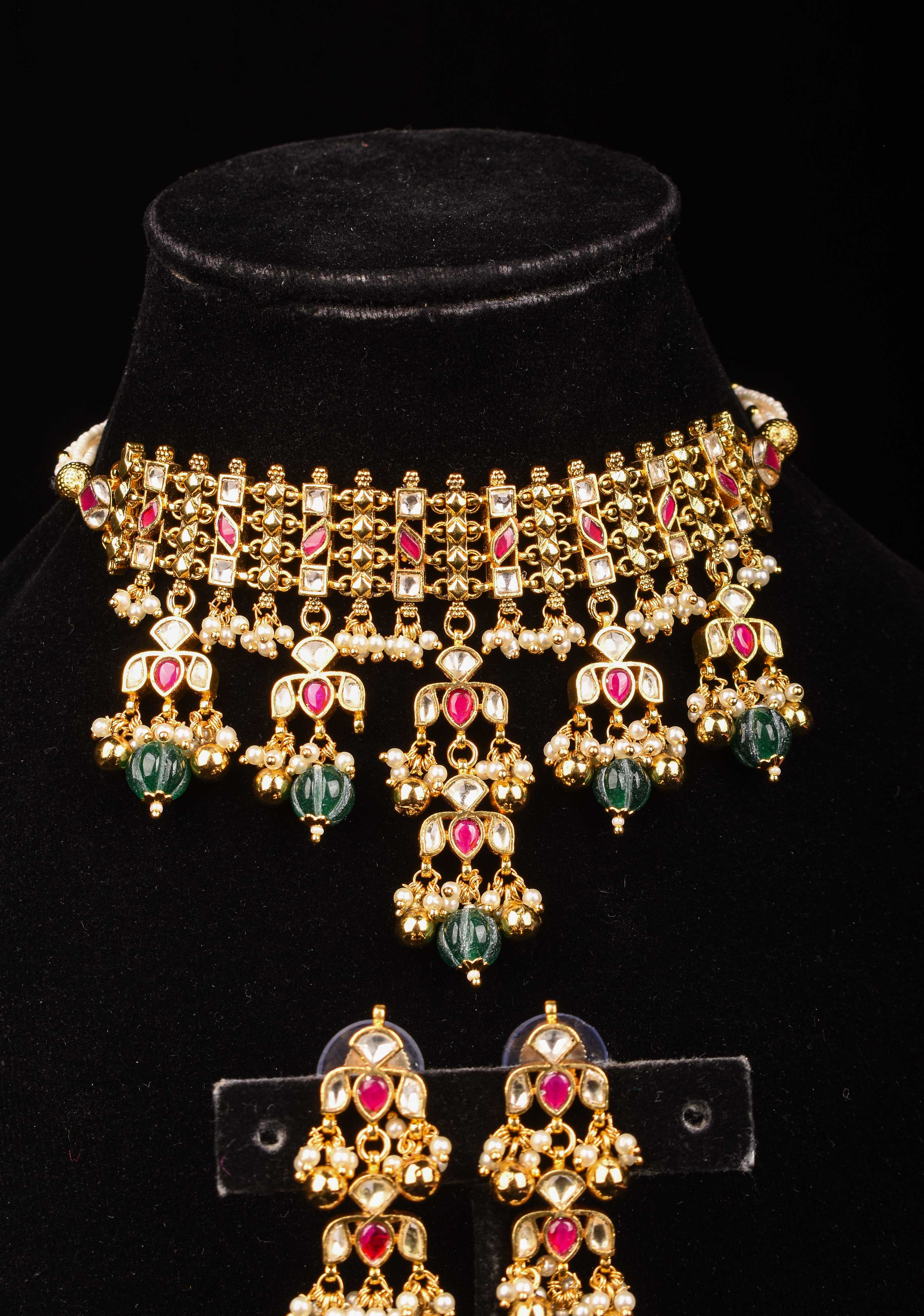 Antique Multistrand Gold Tone Flexible Floral design Simple Necklace Set with green dangling beads | Shobitam